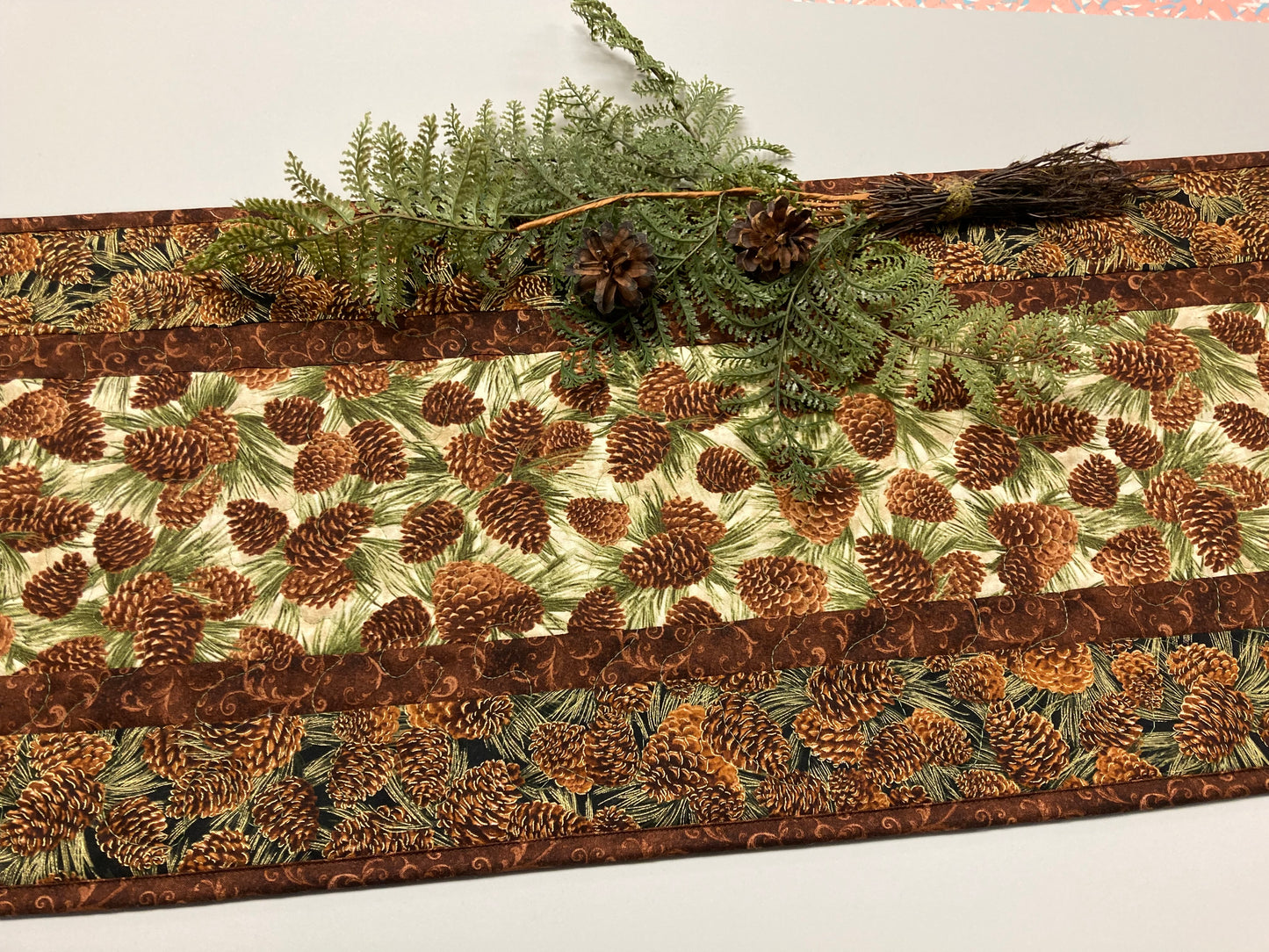 Pine Cones Quilted Dining Table Runner, Reversible, Coffee End Table, Dresser Scarf Nightstand, 13x48", Handmade Christmas Rustic Woods