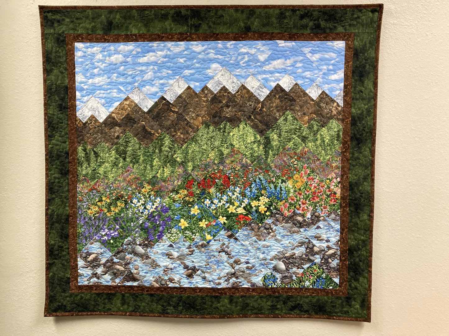 Mountain Flowers Landscape Art Quilt, Scenic Tapestry 30x36" Fabric Wall Hanging Horizontal, Quilted Pink Red Purple Meadow Snowy Pine Trees