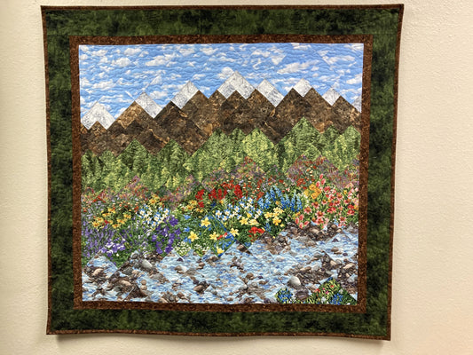 Mountain Flowers Landscape Art Quilt, Scenic Tapestry 30x36" Fabric Wall Hanging Horizontal, Quilted Pink Red Purple Meadow Snowy Pine Trees
