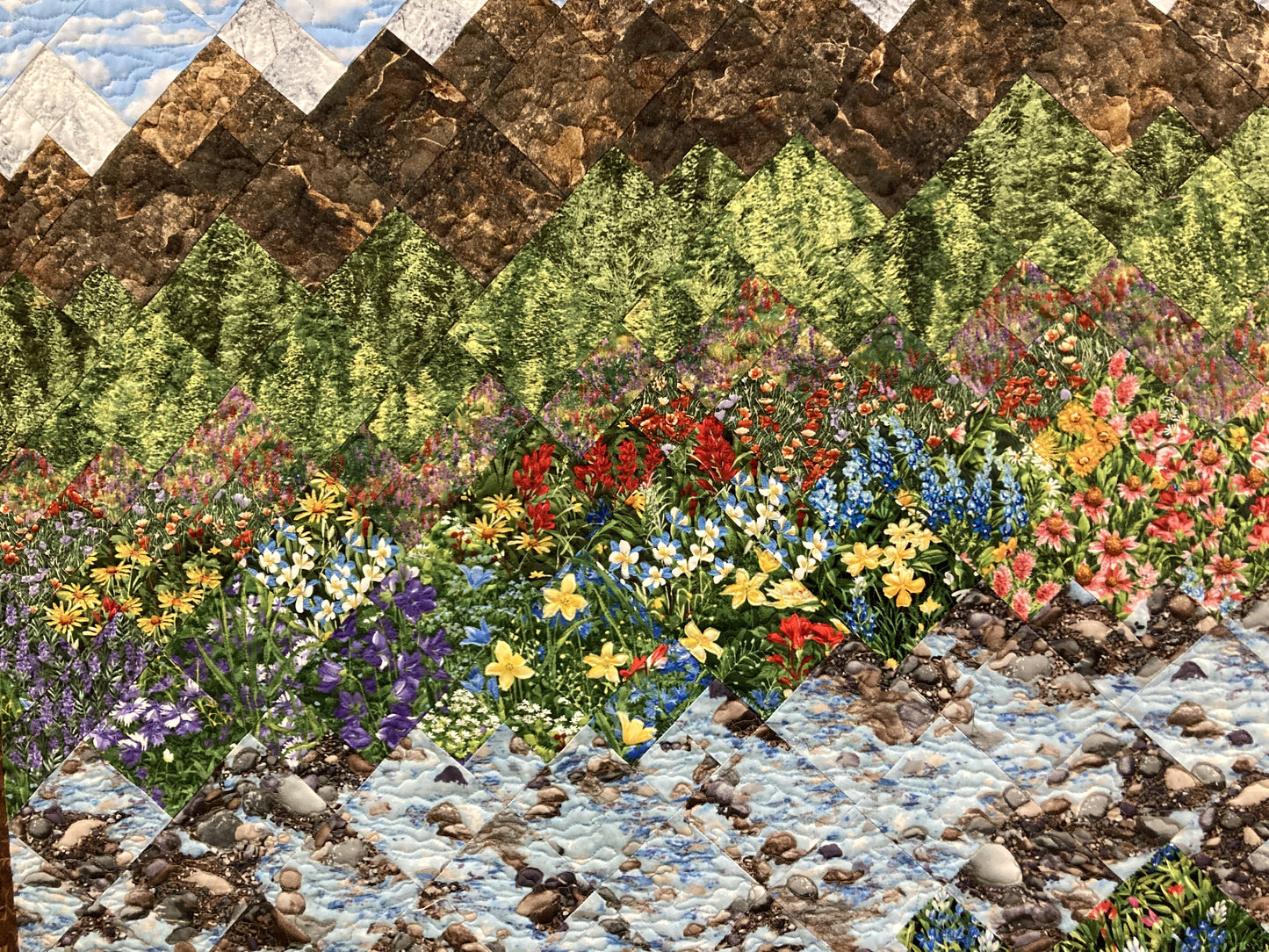 Mountain Flowers Landscape Art Quilt, Scenic Tapestry 30x36" Fabric Wall Hanging Horizontal, Quilted Pink Red Purple Meadow Snowy Pine Trees