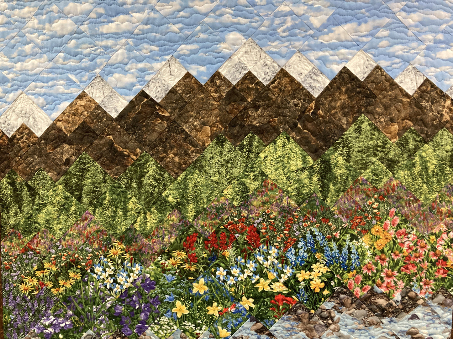 Mountain Flowers Landscape Art Quilt, Scenic Tapestry 30x36" Fabric Wall Hanging Horizontal, Quilted Pink Red Purple Meadow Snowy Pine Trees
