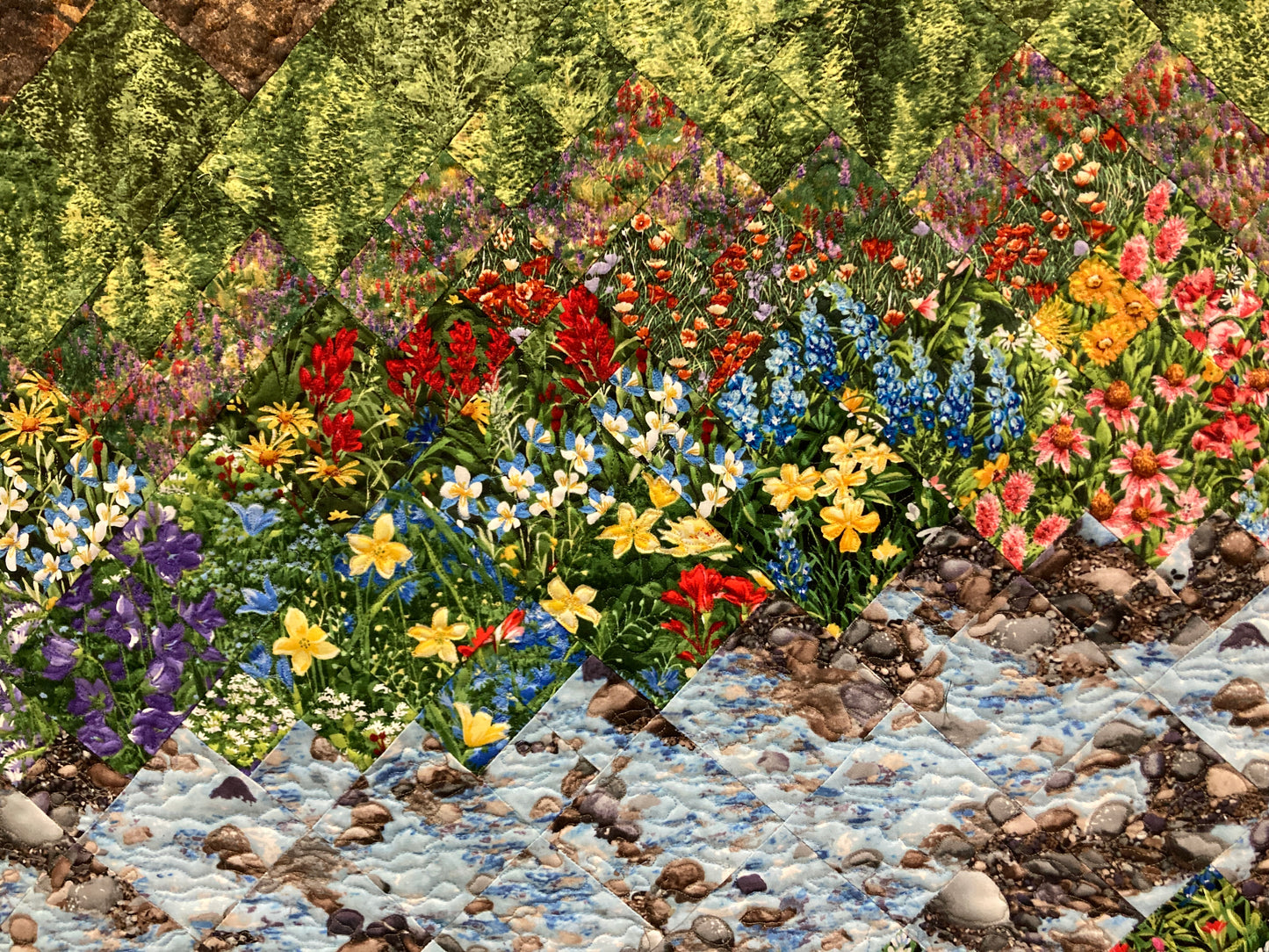 Mountain Flowers Landscape Art Quilt, Scenic Tapestry 30x36" Fabric Wall Hanging Horizontal, Quilted Pink Red Purple Meadow Snowy Pine Trees