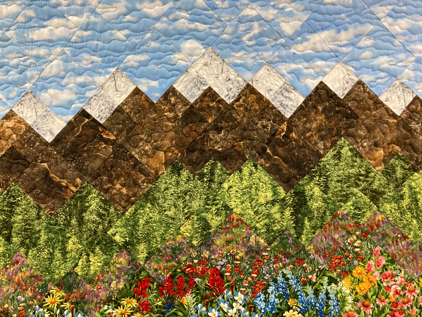 Mountain Flowers Landscape Art Quilt, Scenic Tapestry 30x36" Fabric Wall Hanging Horizontal, Quilted Pink Red Purple Meadow Snowy Pine Trees