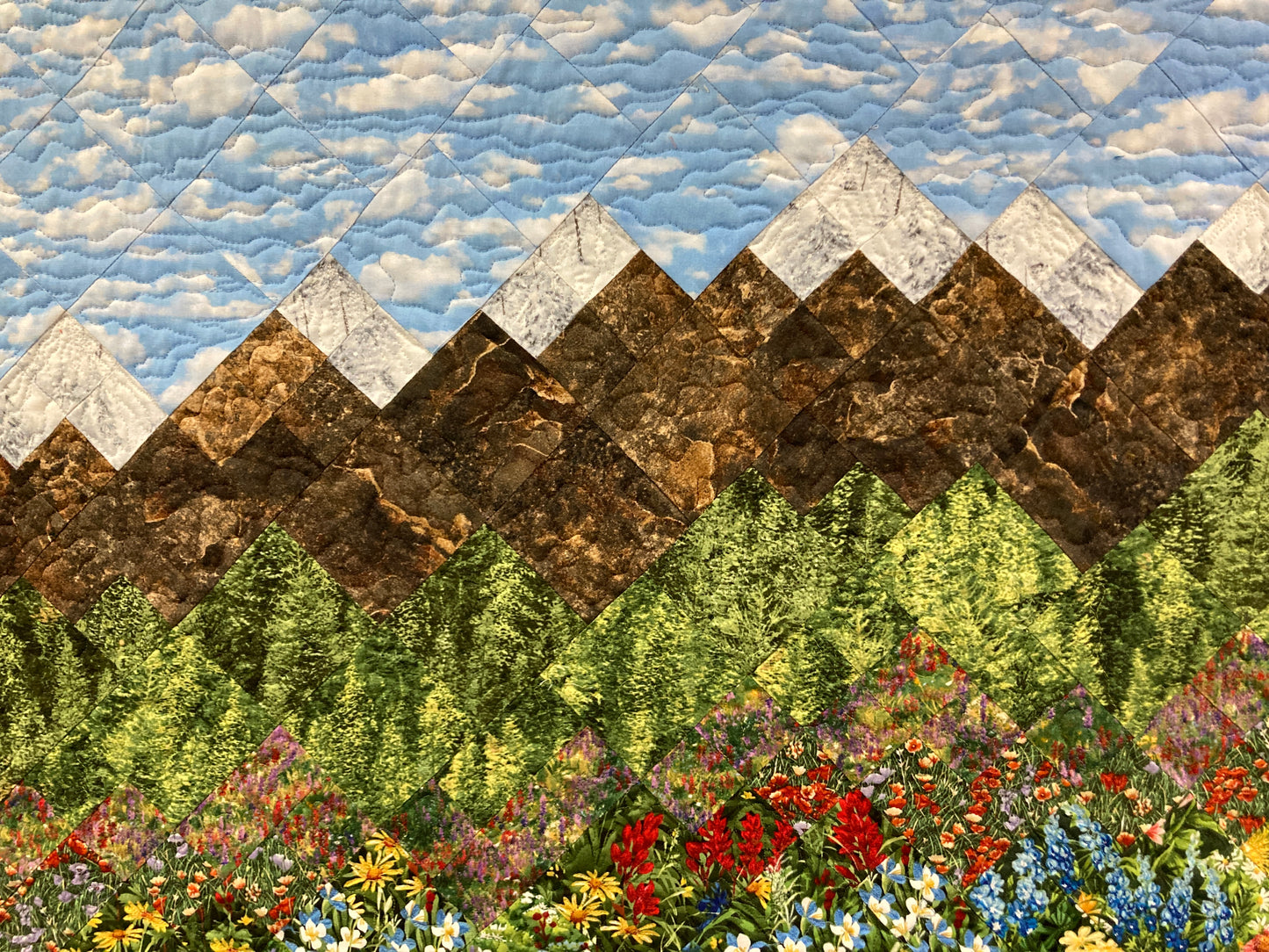 Mountain Flowers Landscape Art Quilt, Scenic Tapestry 30x36" Fabric Wall Hanging Horizontal, Quilted Pink Red Purple Meadow Snowy Pine Trees