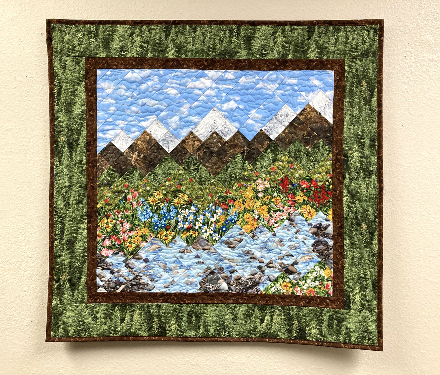 Summer Trees Mountain Stream Flowers Art Quilt Tapestry, Fabric Wall Hanging, 28x29" Landscape Quilt Lake Tahoe Original Handmade