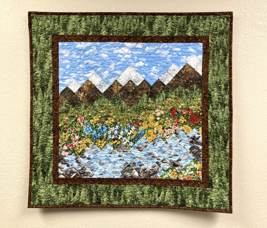 Summer Trees Mountain Stream Flowers Art Quilt Tapestry, Fabric Wall Hanging, 28x29" Landscape Quilt Lake Tahoe Original Handmade
