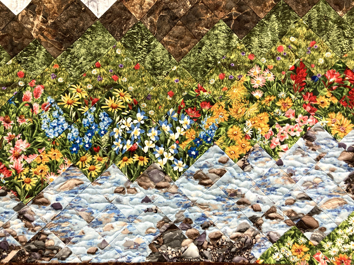 Summer Trees Mountain Stream Flowers Art Quilt Tapestry, Fabric Wall Hanging, 28x29" Landscape Quilt Lake Tahoe Original Handmade