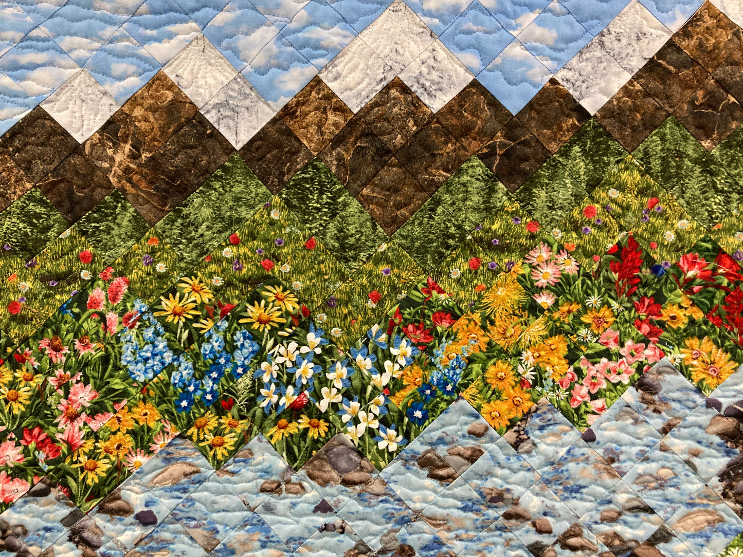 Summer Trees Mountain Stream Flowers Art Quilt Tapestry, Fabric Wall Hanging, 28x29" Landscape Quilt Lake Tahoe Original Handmade