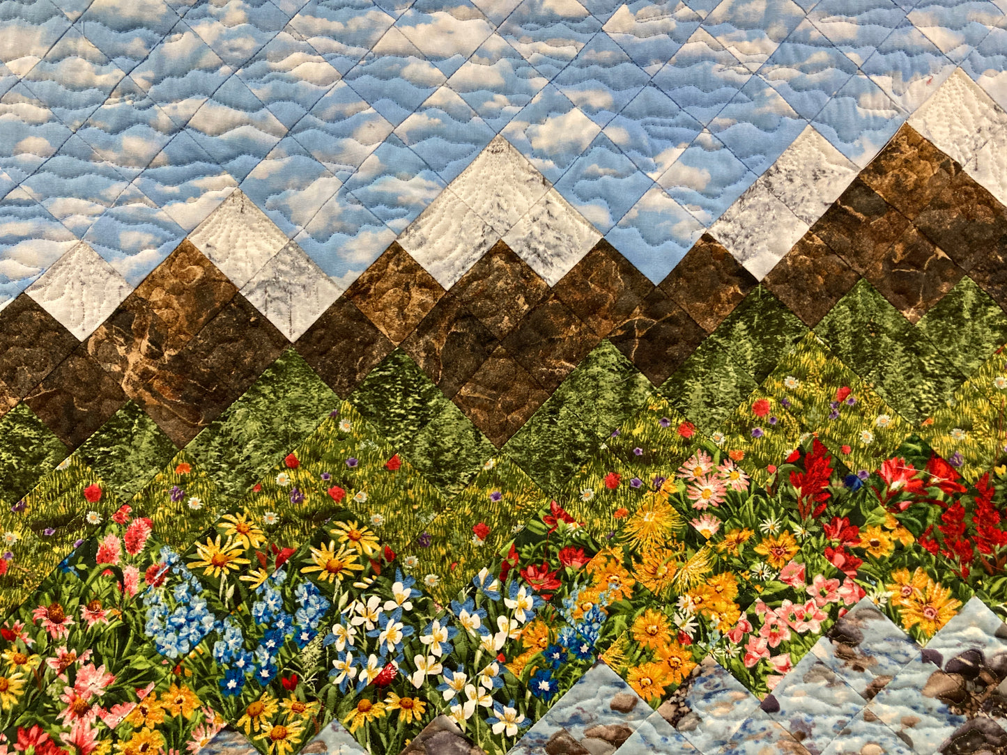 Summer Trees Mountain Stream Flowers Art Quilt Tapestry, Fabric Wall Hanging, 28x29" Landscape Quilt Lake Tahoe Original Handmade