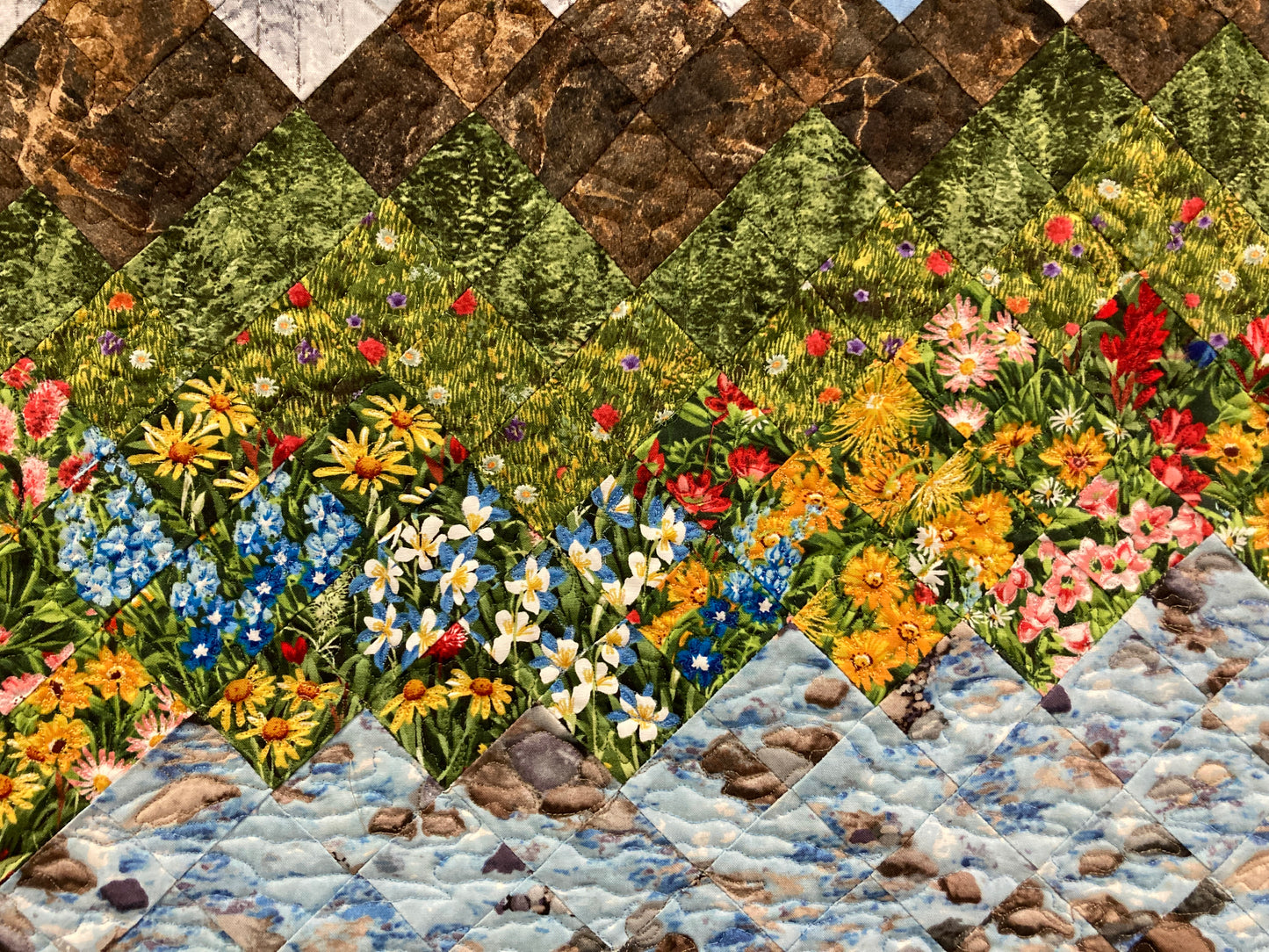 Summer Trees Mountain Stream Flowers Art Quilt Tapestry, Fabric Wall Hanging, 28x29" Landscape Quilt Lake Tahoe Original Handmade
