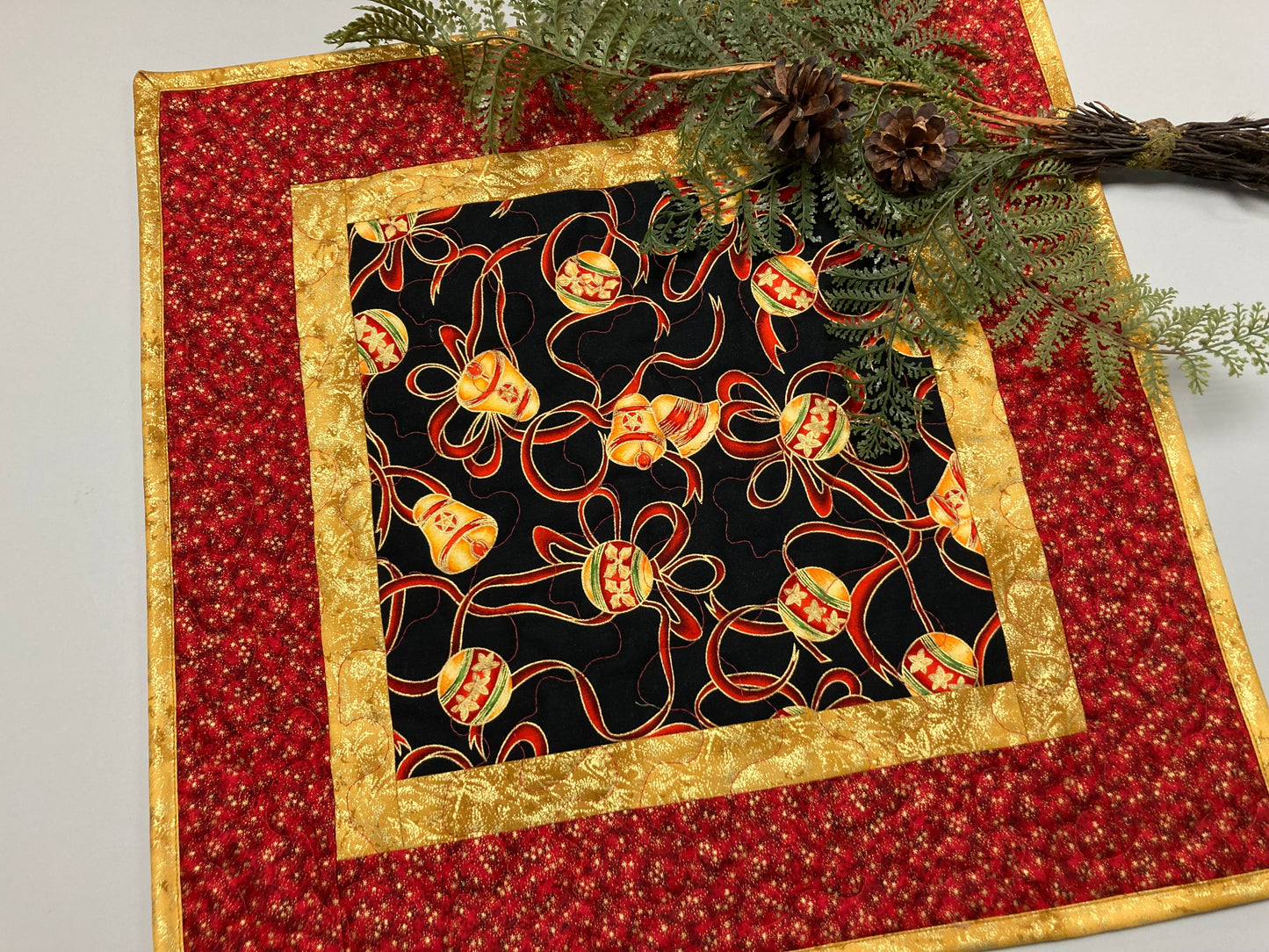 Christmas Ornaments Quilted Table Topper, 18x18", Gold Red Ribbon, Winter Holiday Dining Coffee Table, End Table Handmade Bells Balls