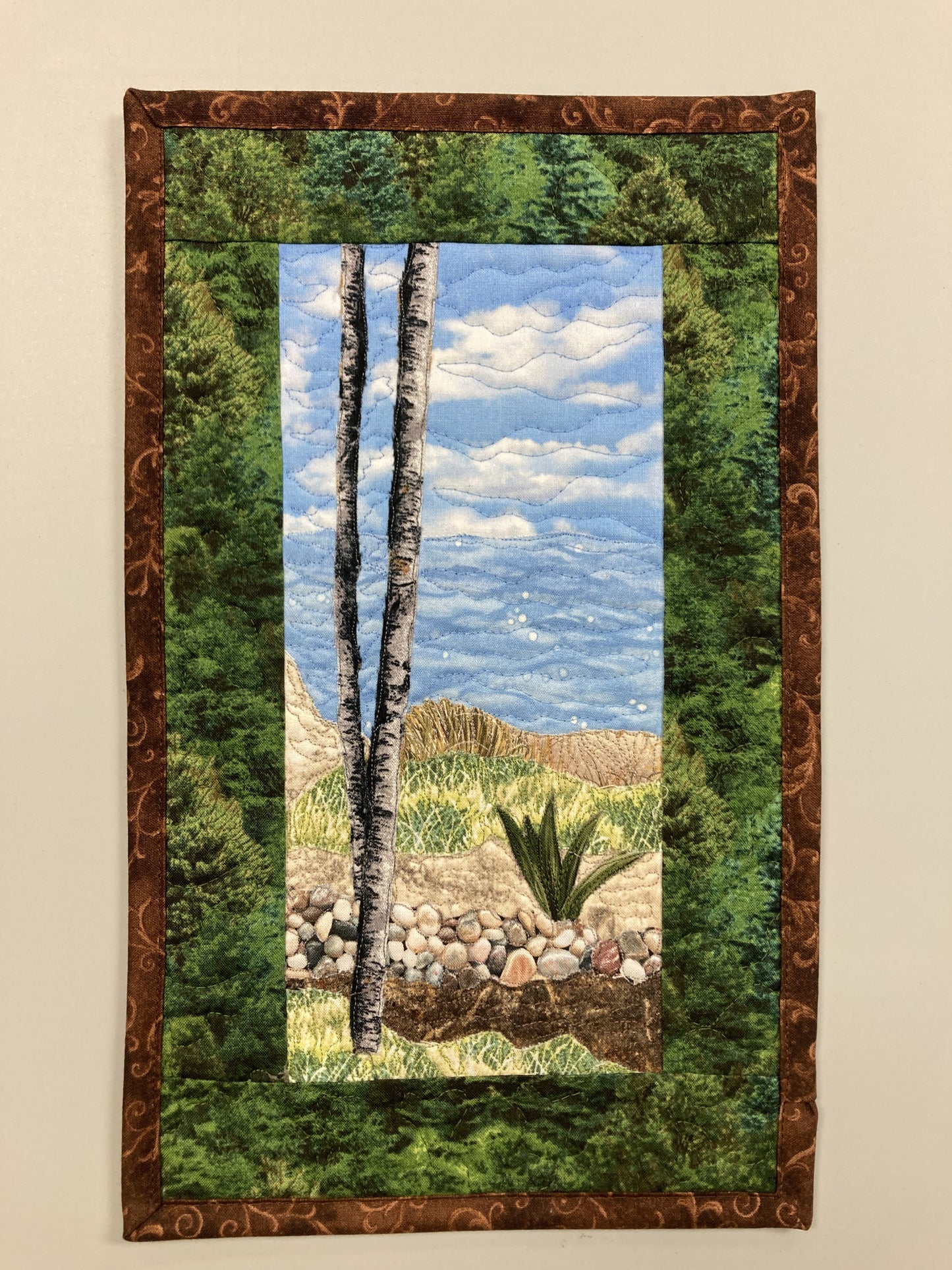 Beach Trees Rocky Path Landscape Small Vertical Art Quilt, Tapestry Textile, 8x13"