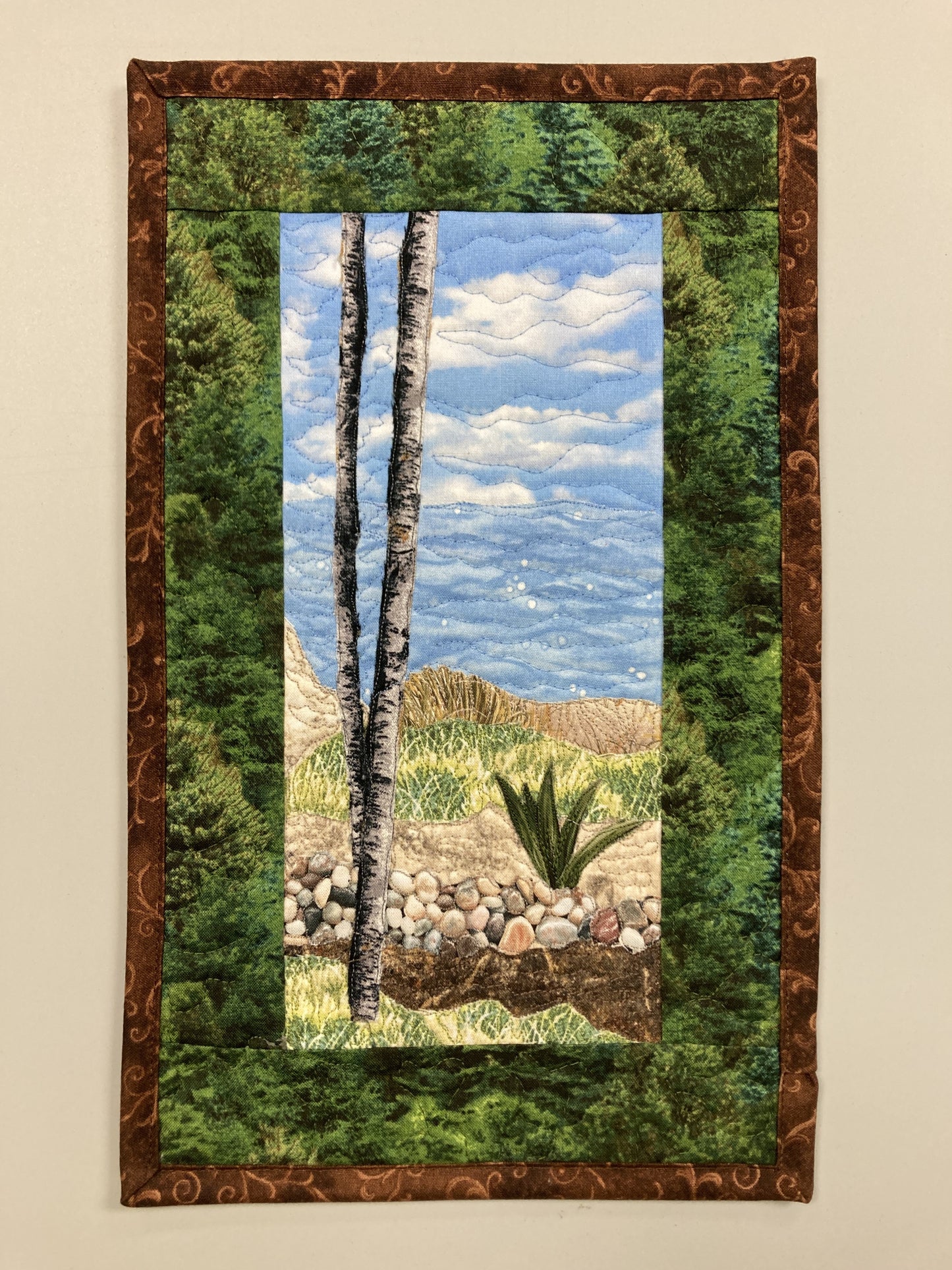Beach Trees Rocky Path Landscape Small Vertical Art Quilt, Tapestry Textile, 8x13"
