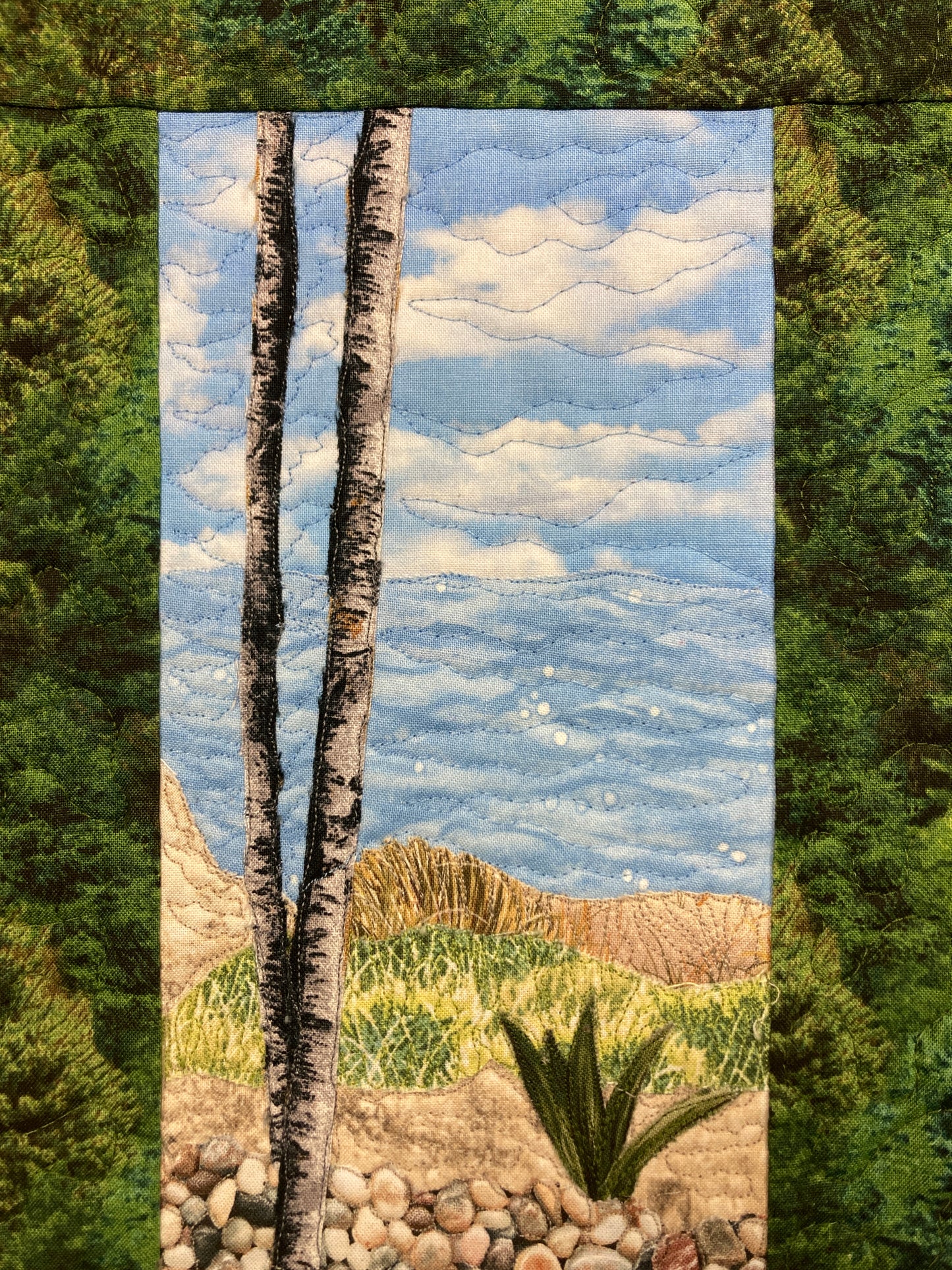 Beach Trees Rocky Path Landscape Small Vertical Art Quilt, Tapestry Textile, 8x13"