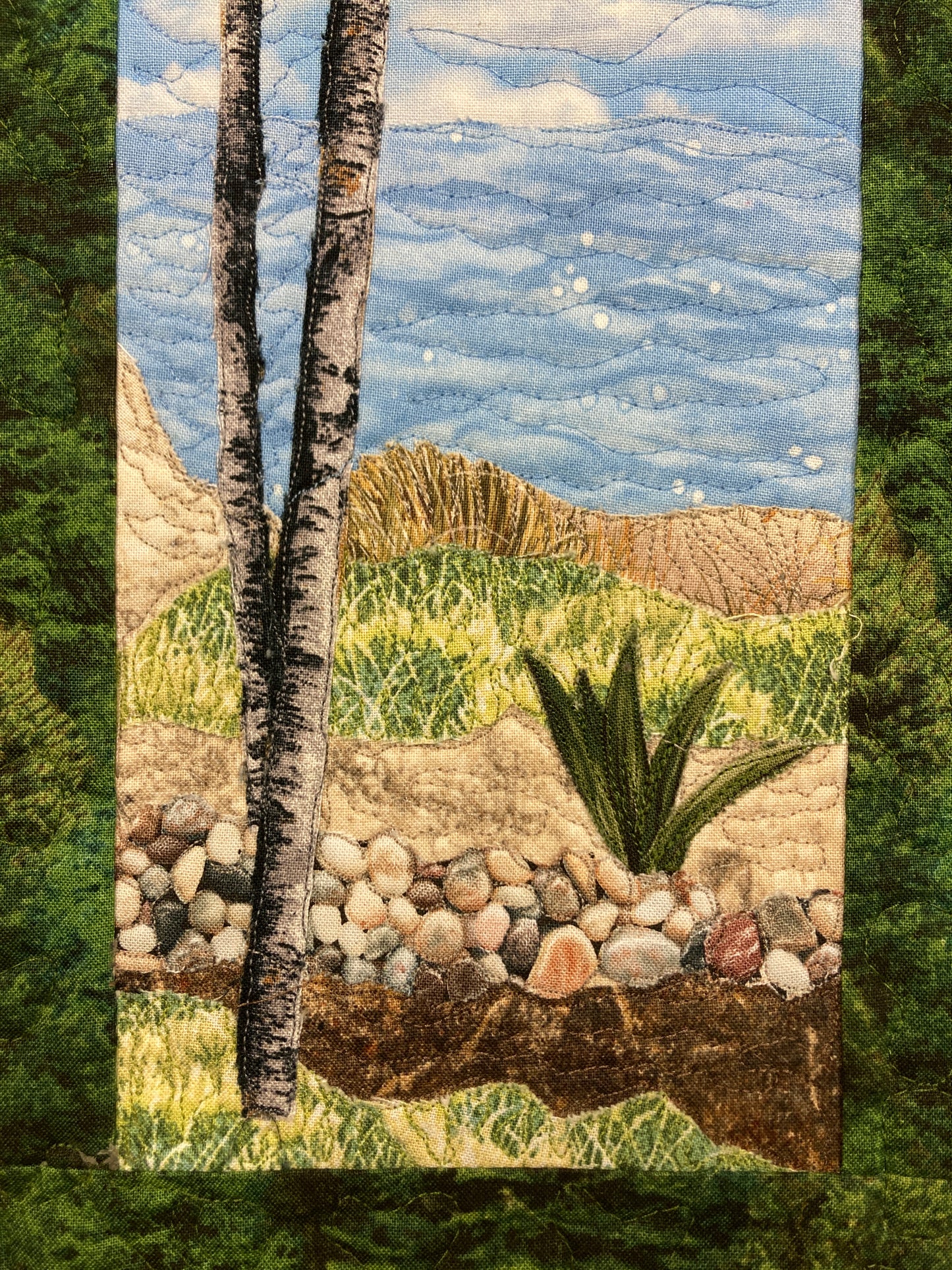 Beach Trees Rocky Path Landscape Small Vertical Art Quilt, Tapestry Textile, 8x13"