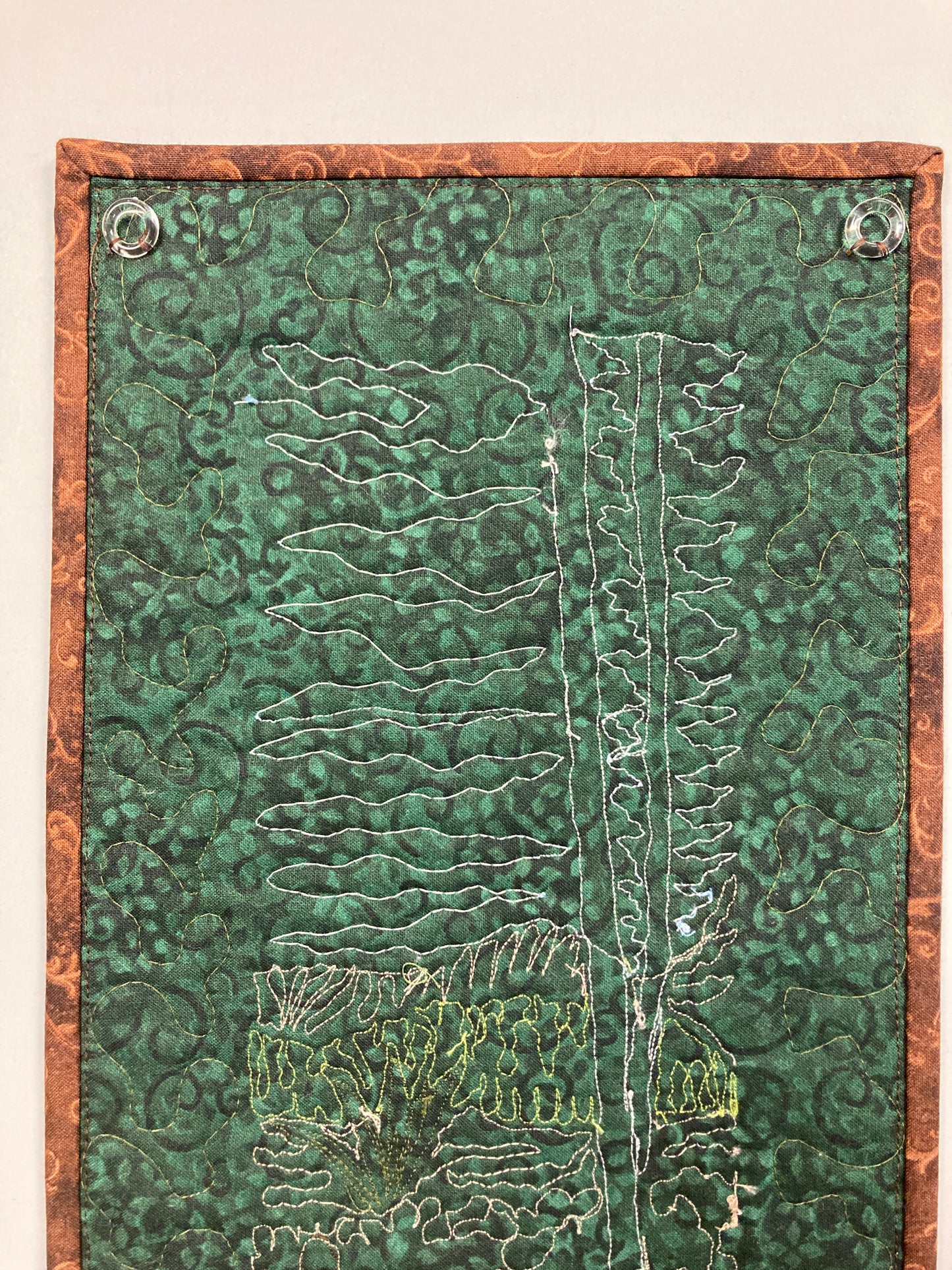 Beach Trees Rocky Path Landscape Small Vertical Art Quilt, Tapestry Textile, 8x13"