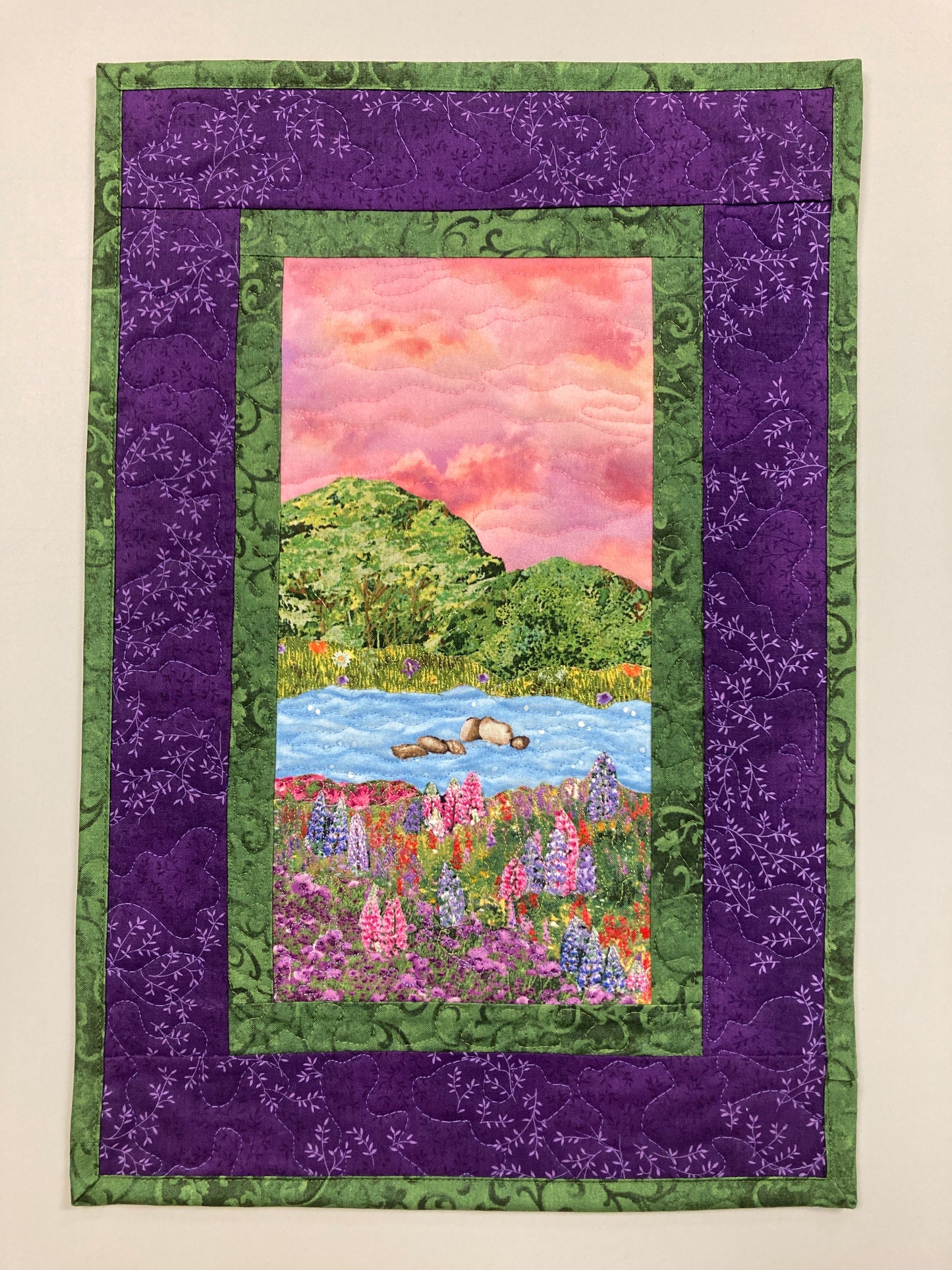 Purple Pink Lupine Meadow Trees Lake Landscape Art, Quilted Tapestry 12x17",  Vertical Fabric Wall Hanging Original Handmade Textile