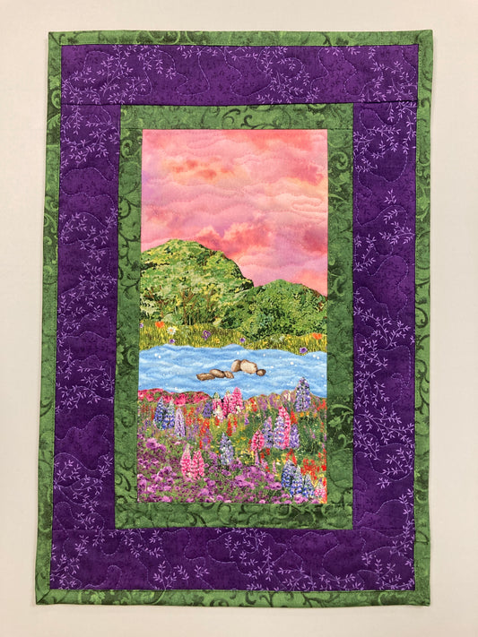 Purple Pink Lupine Meadow Trees Lake Landscape Art, Quilted Tapestry 12x17",  Vertical Fabric Wall Hanging Original Handmade Textile
