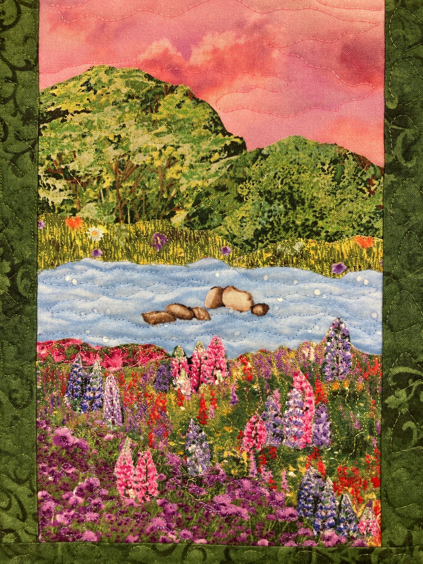Purple Pink Lupine Meadow Trees Lake Landscape Art, Quilted Tapestry 12x17",  Vertical Fabric Wall Hanging Original Handmade Textile