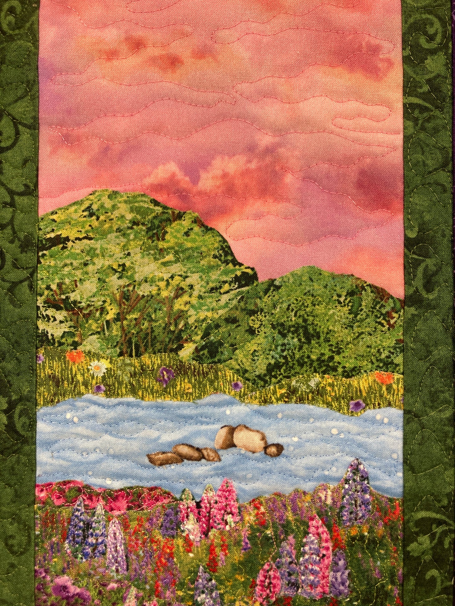 Purple Pink Lupine Meadow Trees Lake Landscape Art, Quilted Tapestry 12x17",  Vertical Fabric Wall Hanging Original Handmade Textile