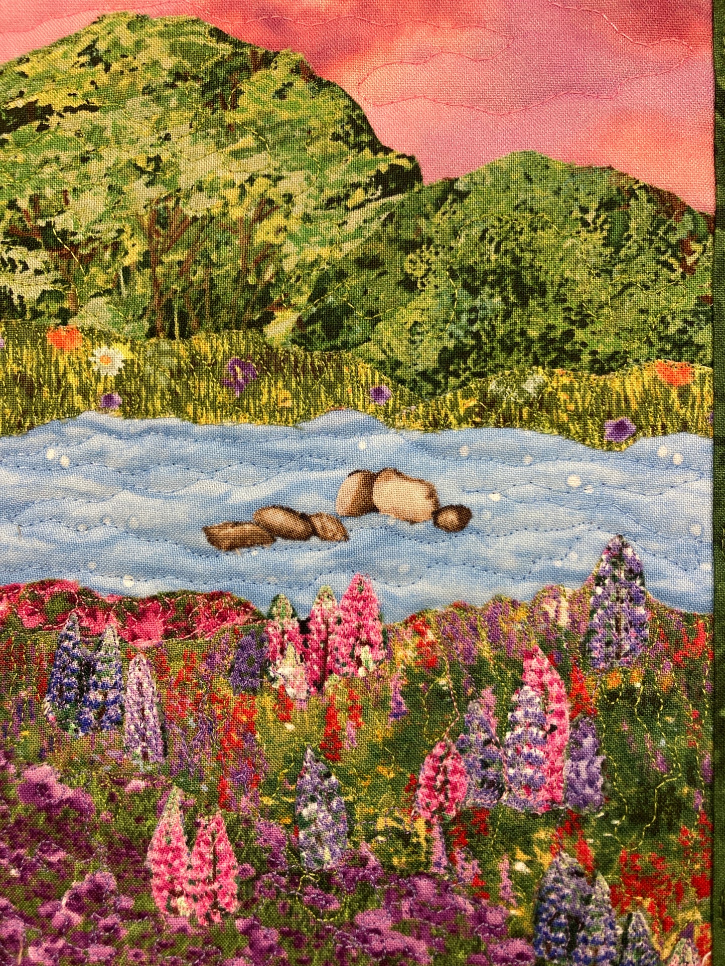 Purple Pink Lupine Meadow Trees Lake Landscape Art, Quilted Tapestry 12x17",  Vertical Fabric Wall Hanging Original Handmade Textile