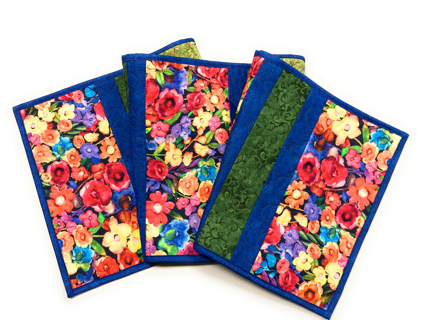 Summer Blooms Wildflower Quilted Table Runner, 13x52" Reversible, Blue Purple Red Yellow,  Coffee Dining Table Handmade Garden Floral