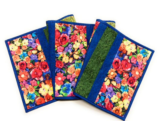 Summer Blooms Wildflower Quilted Table Runner, 13x52" Reversible, Blue Purple Red Yellow,  Coffee Dining Table Handmade Garden Floral