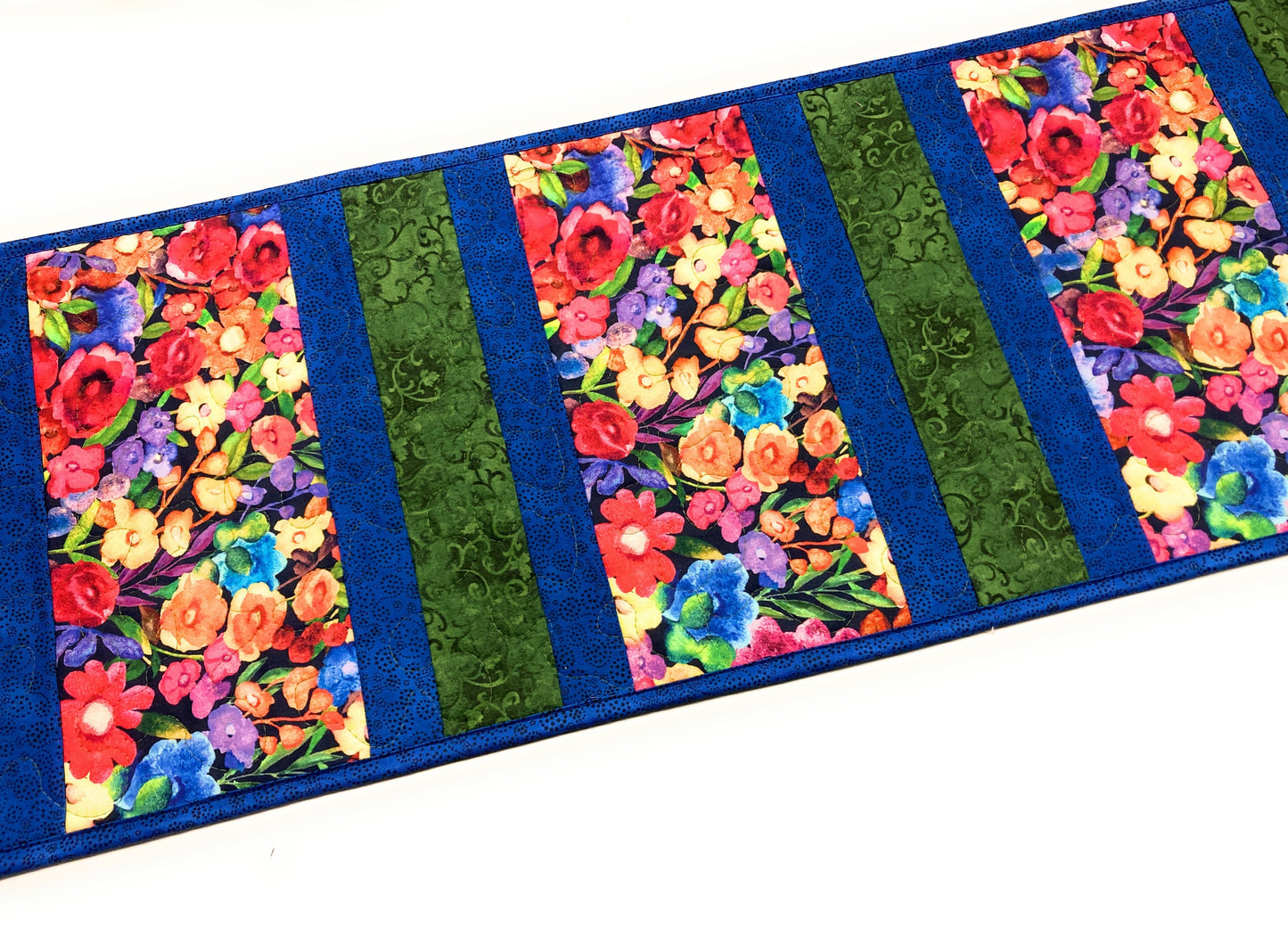Summer Blooms Wildflower Quilted Table Runner, 13x52" Reversible, Blue Purple Red Yellow,  Coffee Dining Table Handmade Garden Floral