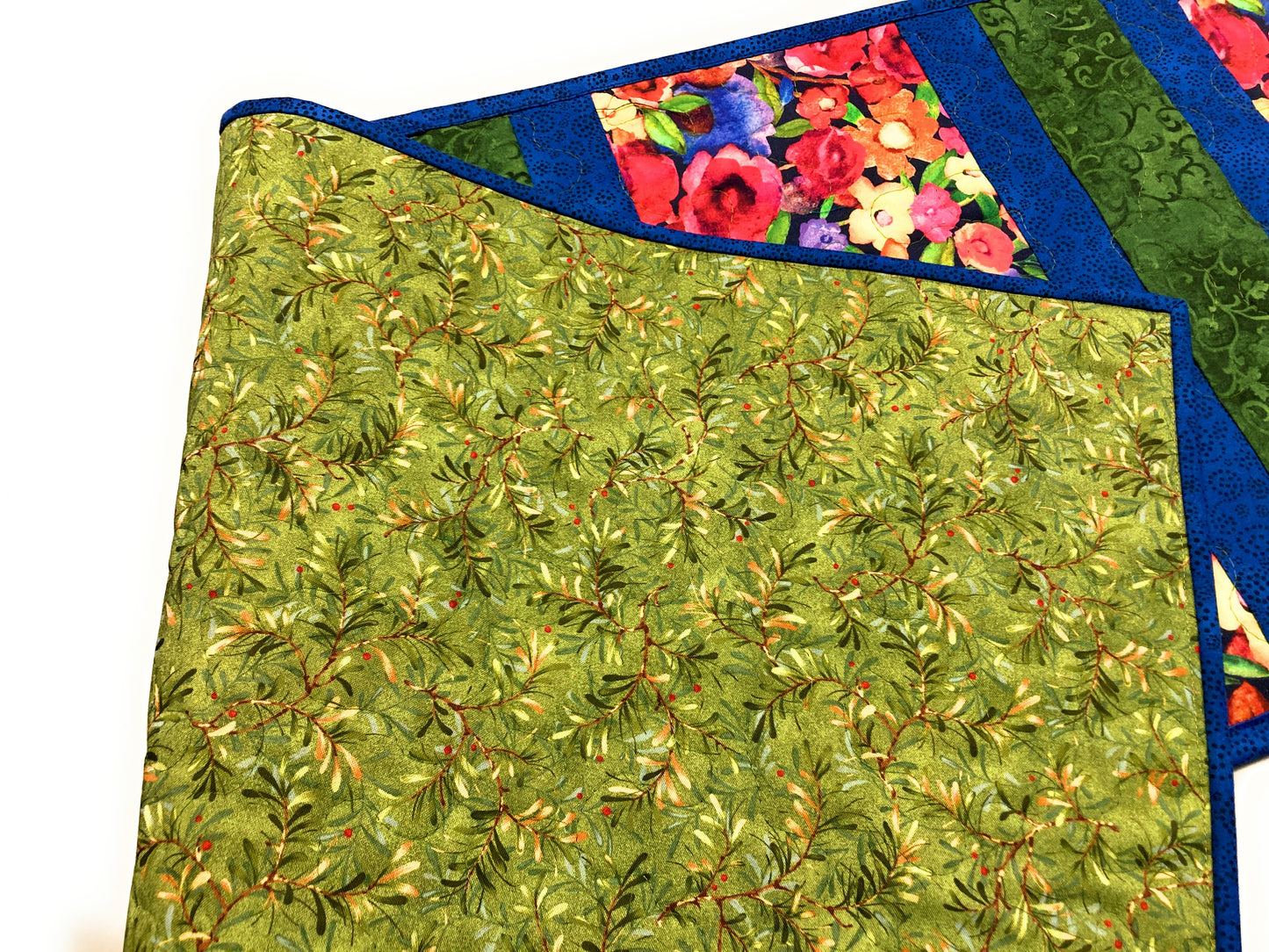 Summer Blooms Wildflower Quilted Table Runner, 13x52" Reversible, Blue Purple Red Yellow,  Coffee Dining Table Handmade Garden Floral