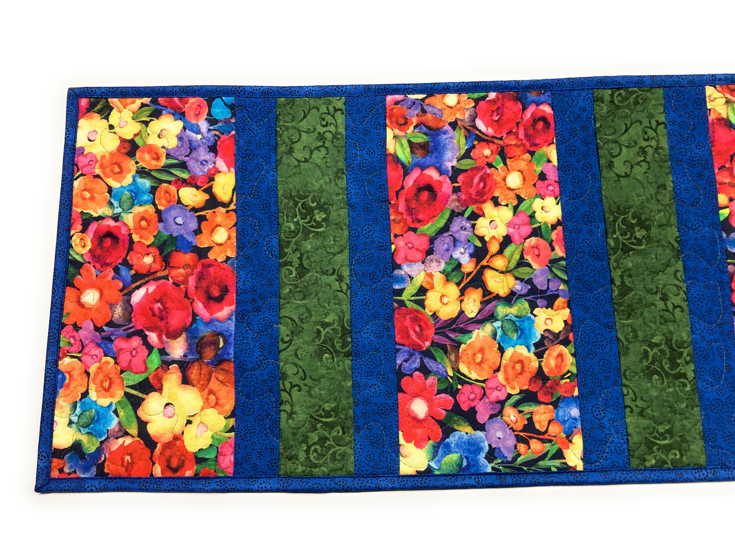 Summer Blooms Wildflower Quilted Table Runner, 13x52" Reversible, Blue Purple Red Yellow,  Coffee Dining Table Handmade Garden Floral