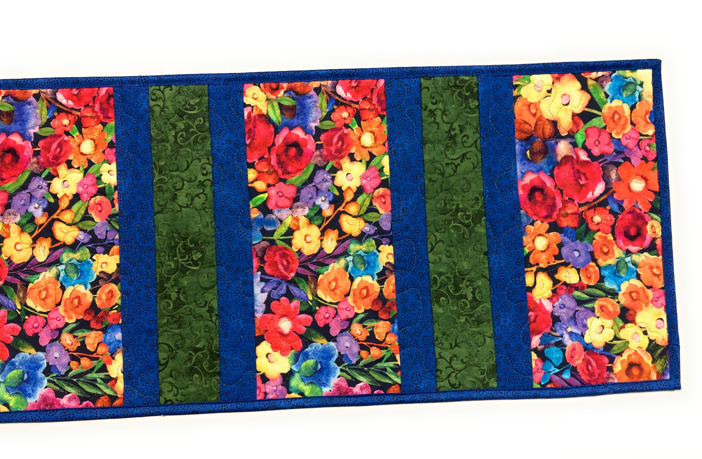 Summer Blooms Wildflower Quilted Table Runner, 13x52" Reversible, Blue Purple Red Yellow,  Coffee Dining Table Handmade Garden Floral