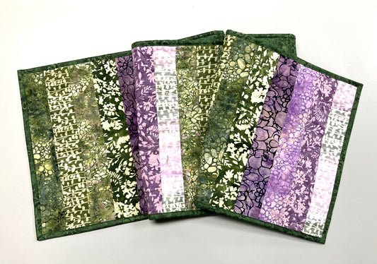 Purple Green Pink Batik Quilted Dining or Coffee Table Runner, Modern 14x60" Handmade Spring Summer Everyday Decor