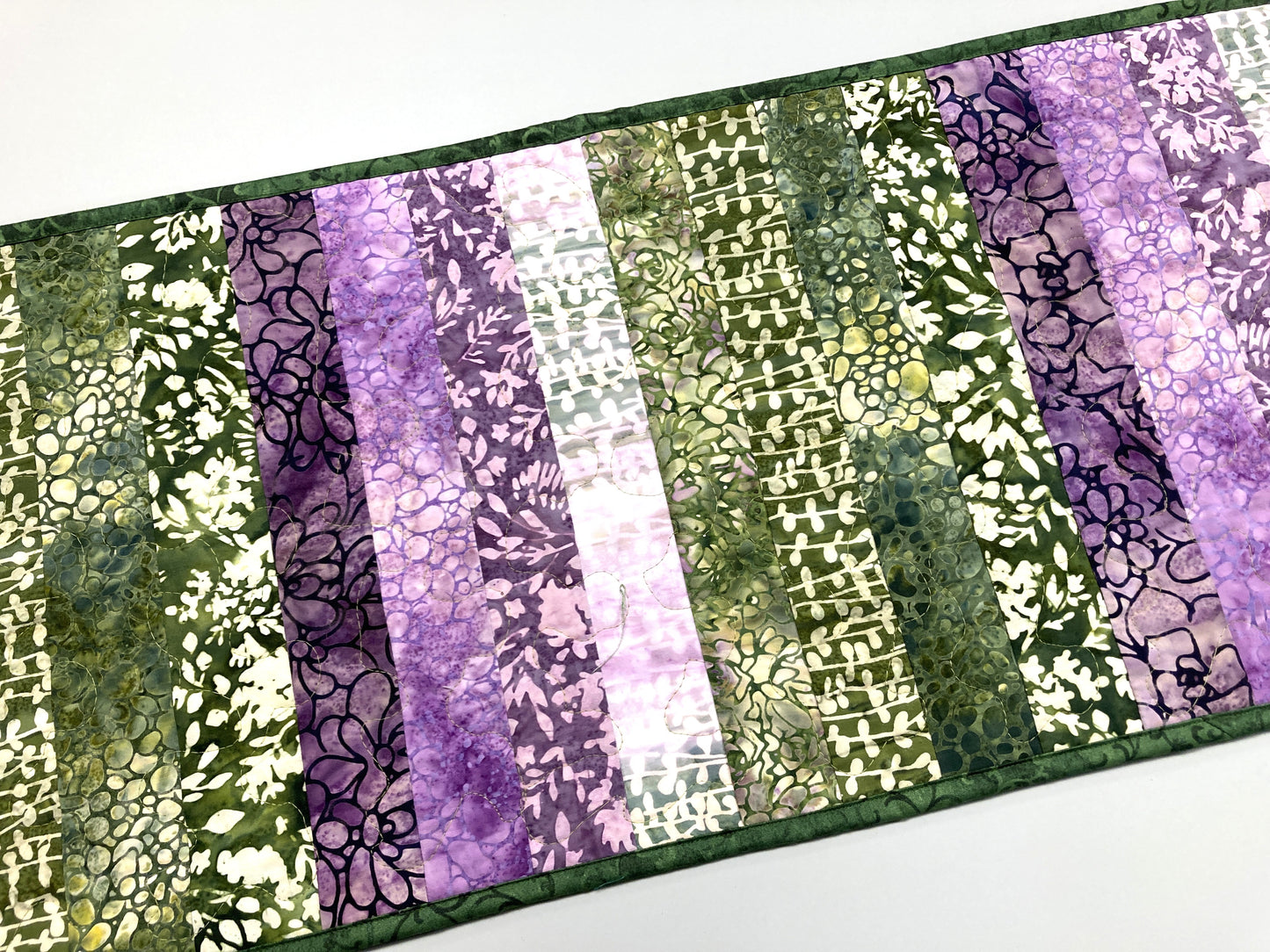 Purple Green Pink Batik Quilted Dining or Coffee Table Runner, Modern 14x60" Handmade Spring Summer Everyday Decor