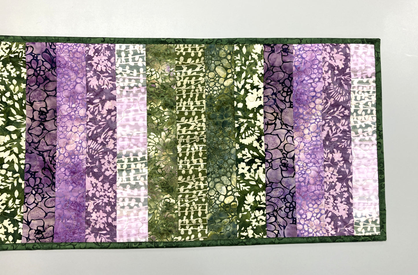 Purple Green Pink Batik Quilted Dining or Coffee Table Runner, Modern 14x60" Handmade Spring Summer Everyday Decor