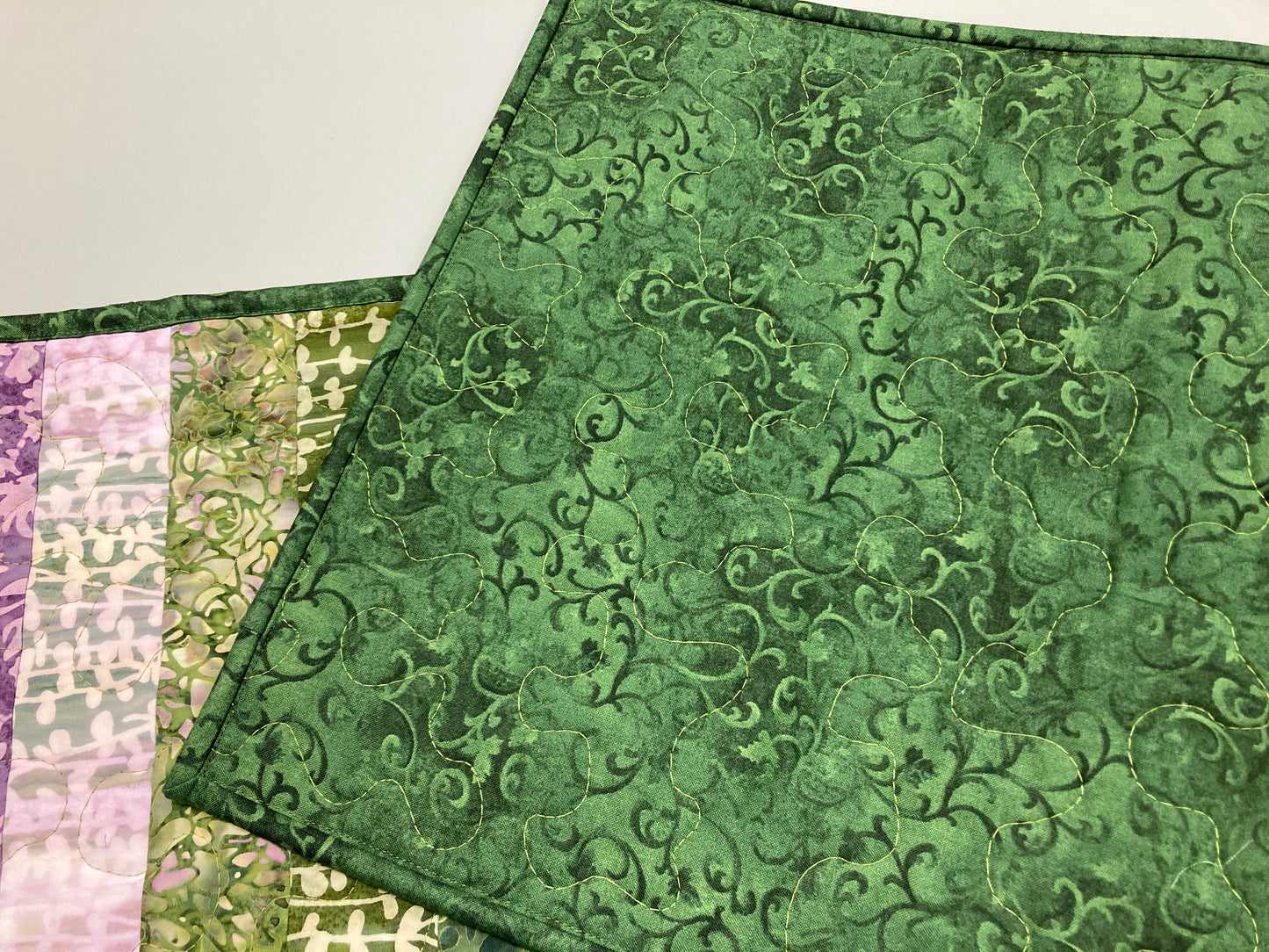 Purple Green Pink Batik Quilted Dining or Coffee Table Runner, Modern 14x60" Handmade Spring Summer Everyday Decor