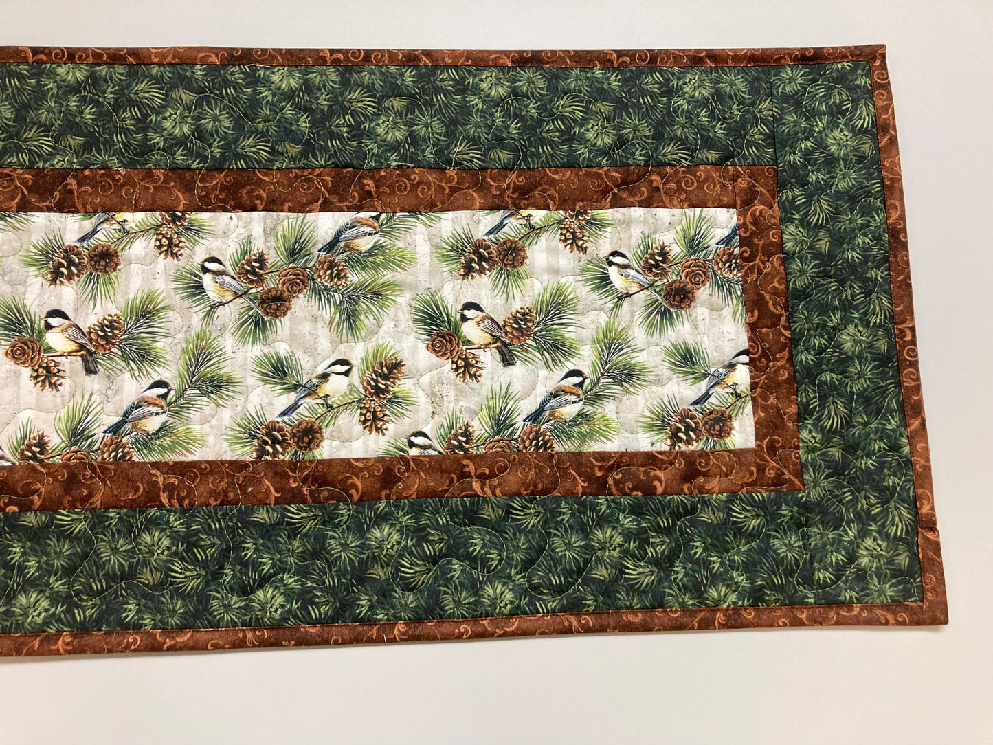 Mountain Chickadees and Pine Cones Quilted Dining Table Runner, 13x48" Reversible, Birds Buffet Coffee Table Rustic Cabincore Everyday