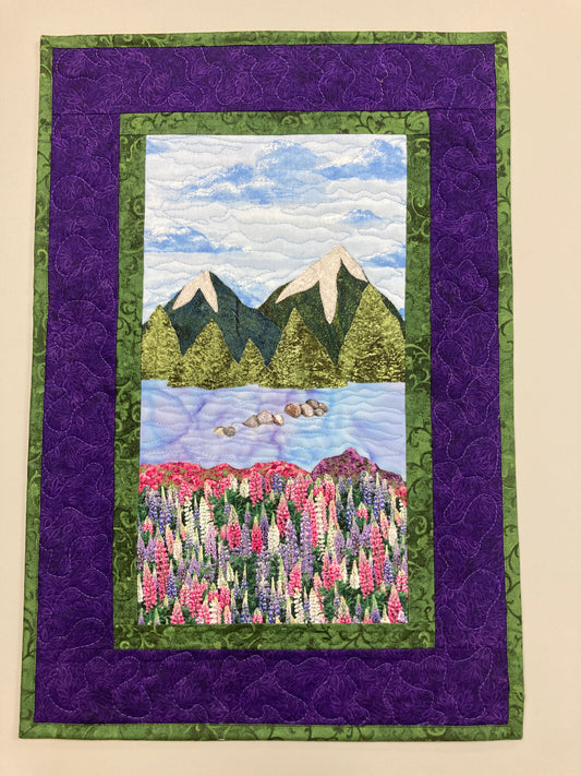 Lupine Mountain Landscape Art Quilt Tapestry, Summer Meadow Fabric Wall Hanging 15x22"