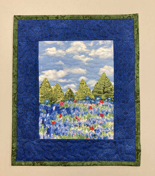 Blue Bonnets Red Meadow Flowers Mountains Landscape Art Quilt, Textile 12x14", Tapestry Fabric Wall Hanging, Small Scenic Wall Art Handmade