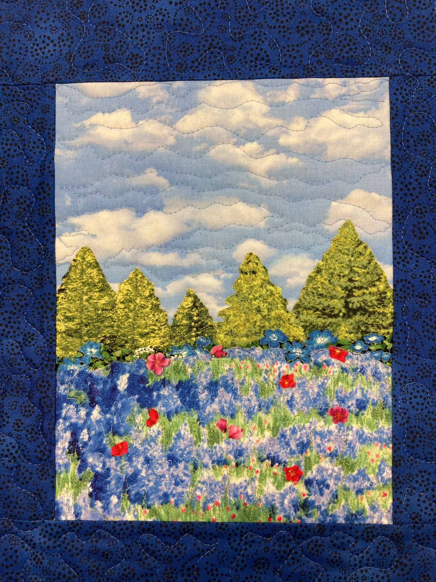 Blue Bonnets Red Meadow Flowers Mountains Landscape Art Quilt, Textile 12x14", Tapestry Fabric Wall Hanging, Small Scenic Wall Art Handmade