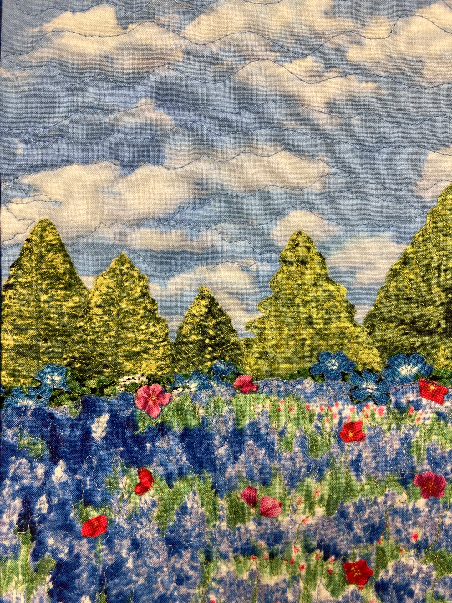 Blue Bonnets Red Meadow Flowers Mountains Landscape Art Quilt, Textile 12x14", Tapestry Fabric Wall Hanging, Small Scenic Wall Art Handmade