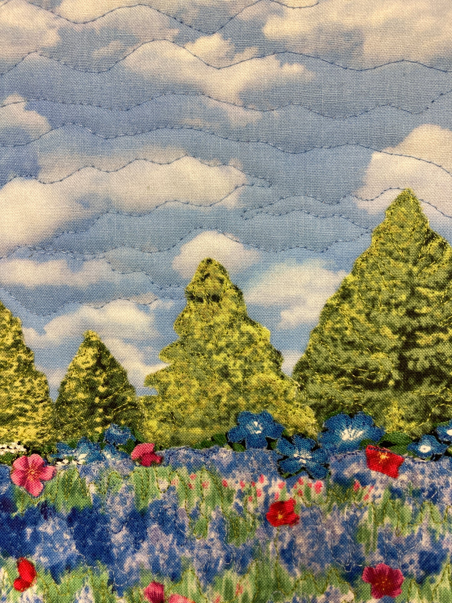 Blue Bonnets Red Meadow Flowers Mountains Landscape Art Quilt, Textile 12x14", Tapestry Fabric Wall Hanging, Small Scenic Wall Art Handmade