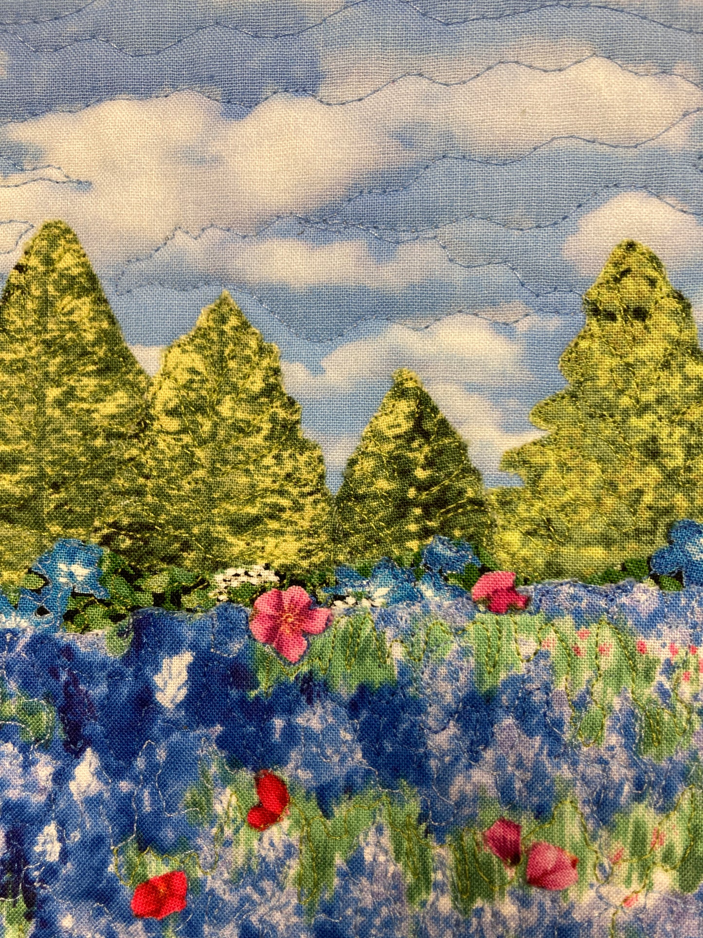 Blue Bonnets Red Meadow Flowers Mountains Landscape Art Quilt, Textile 12x14", Tapestry Fabric Wall Hanging, Small Scenic Wall Art Handmade