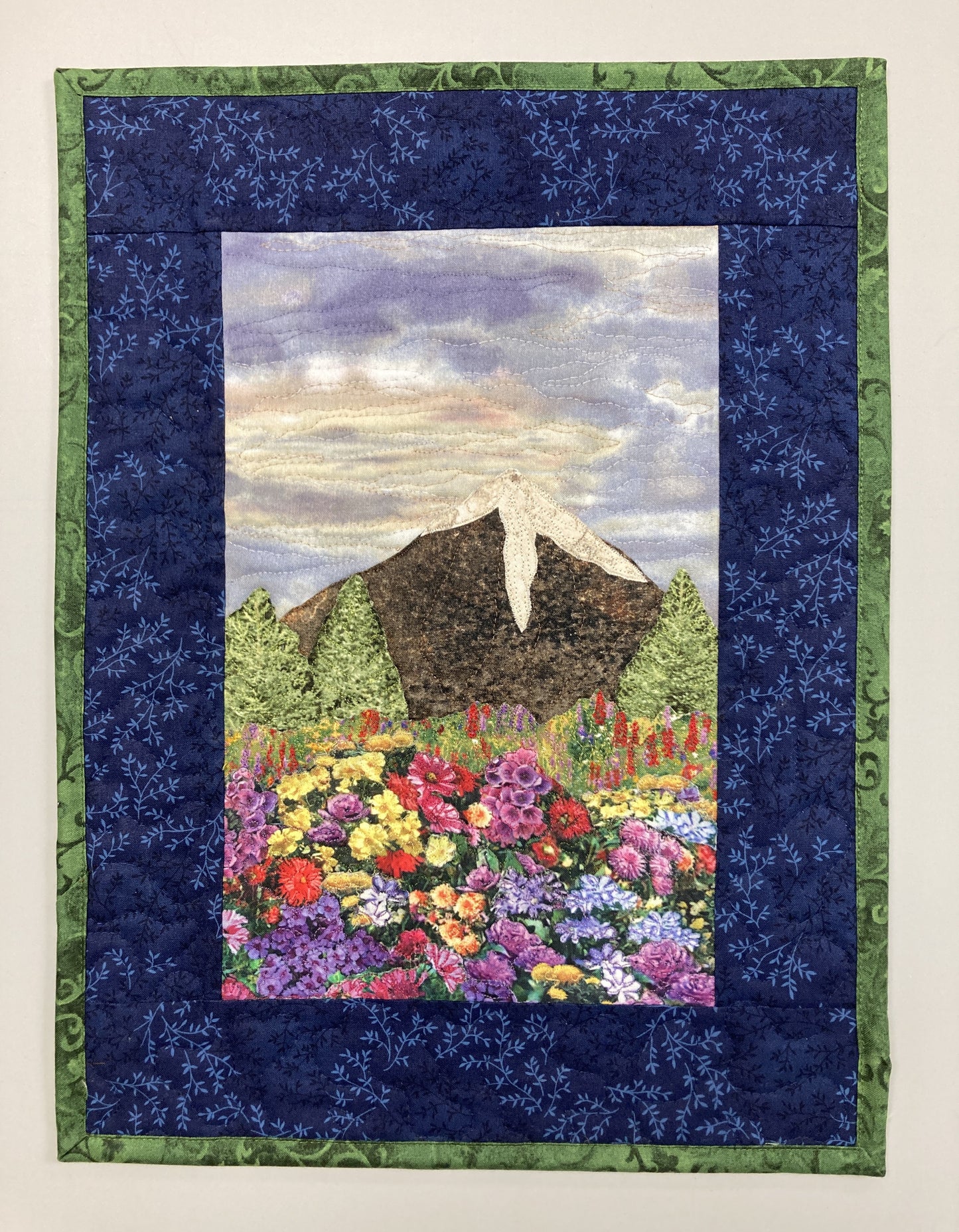 Wildflower Meadow Mountain Landscape Art Quilt 13x17, Purple Sky Tapestry Fabric Wall Hanging, Purple Yellow Flowers
