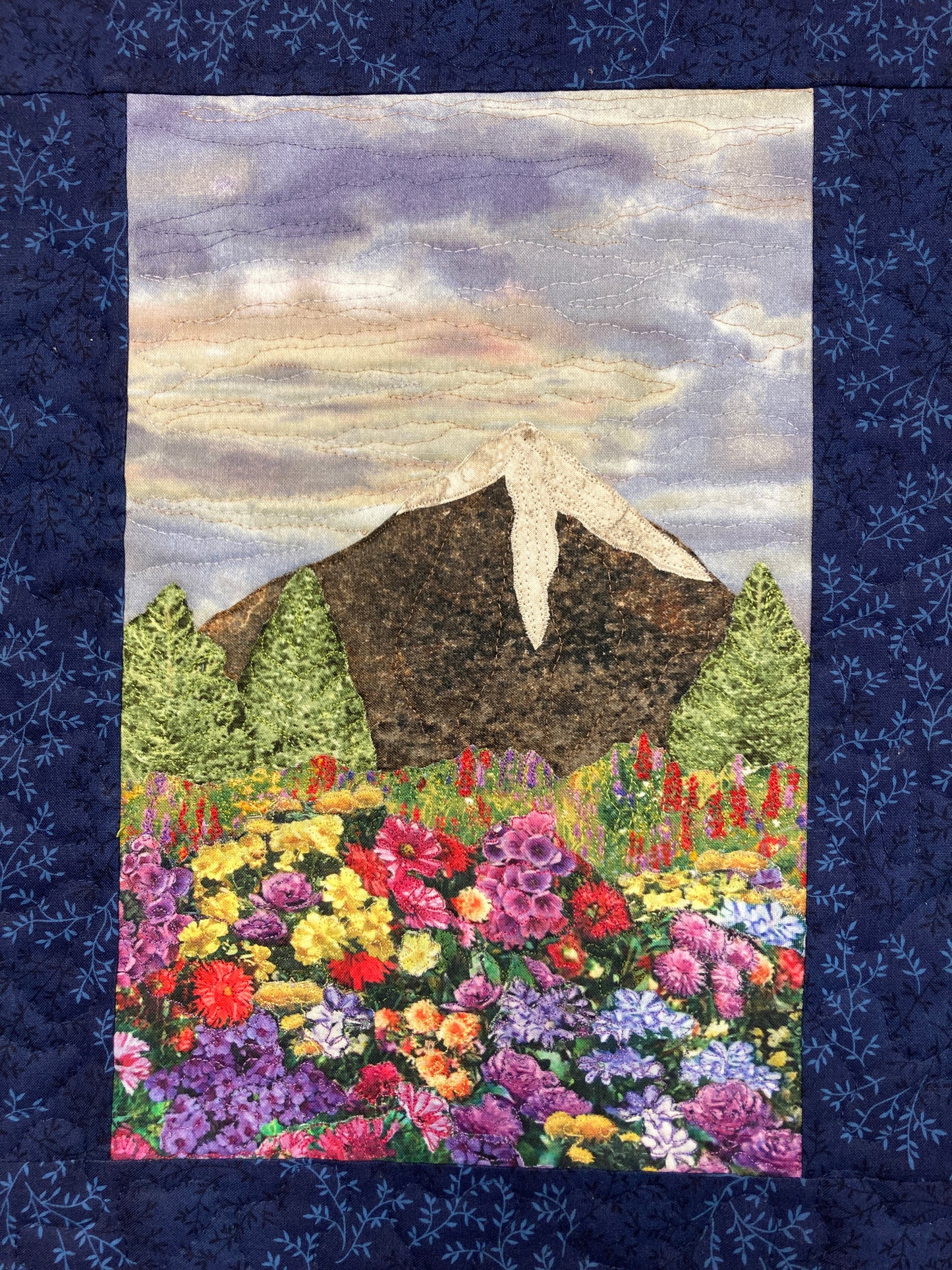 Wildflower Meadow Mountain Landscape Art Quilt 13x17, Purple Sky Tapestry Fabric Wall Hanging, Purple Yellow Flowers