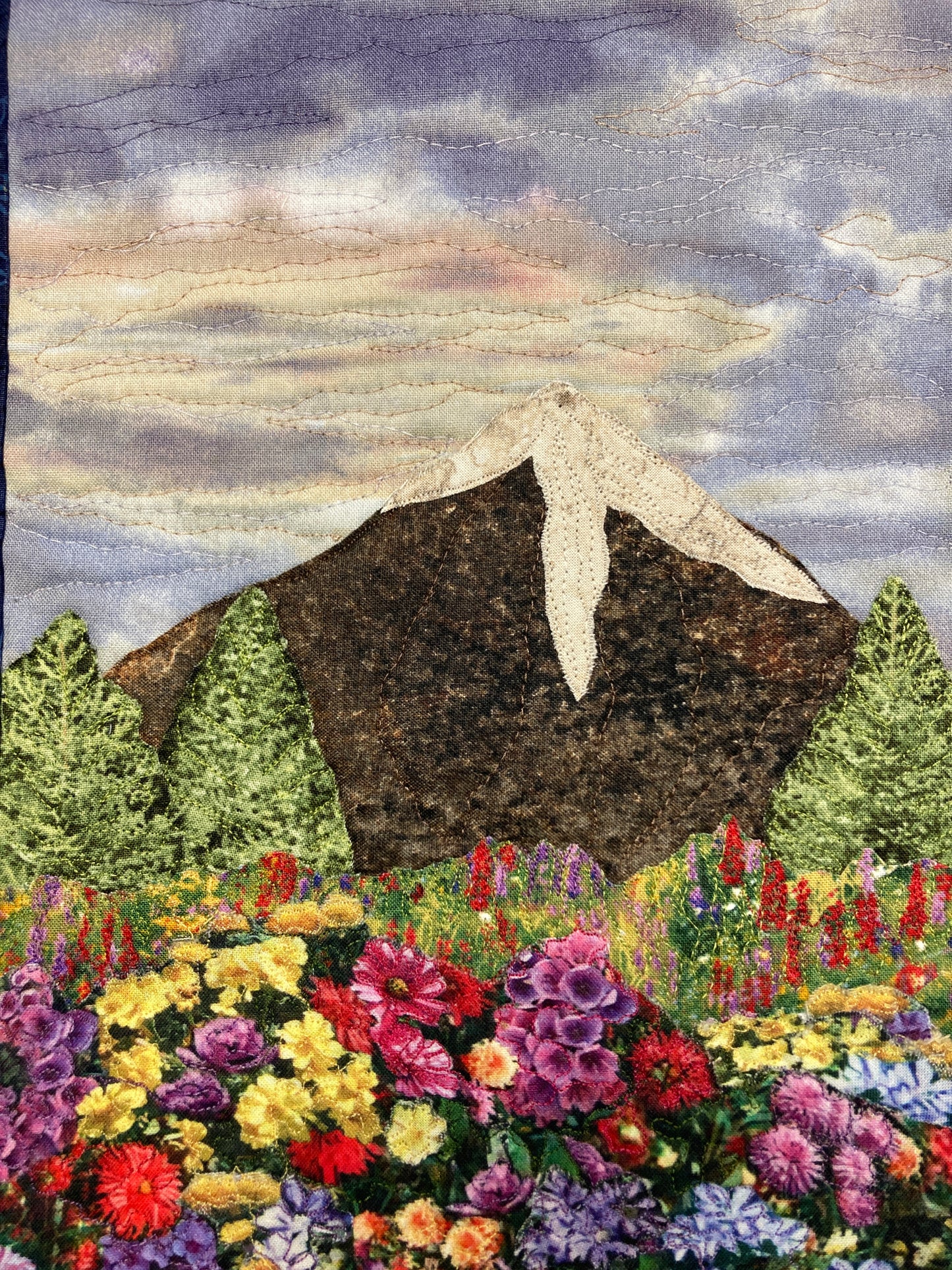 Wildflower Meadow Mountain Landscape Art Quilt 13x17, Purple Sky Tapestry Fabric Wall Hanging, Purple Yellow Flowers