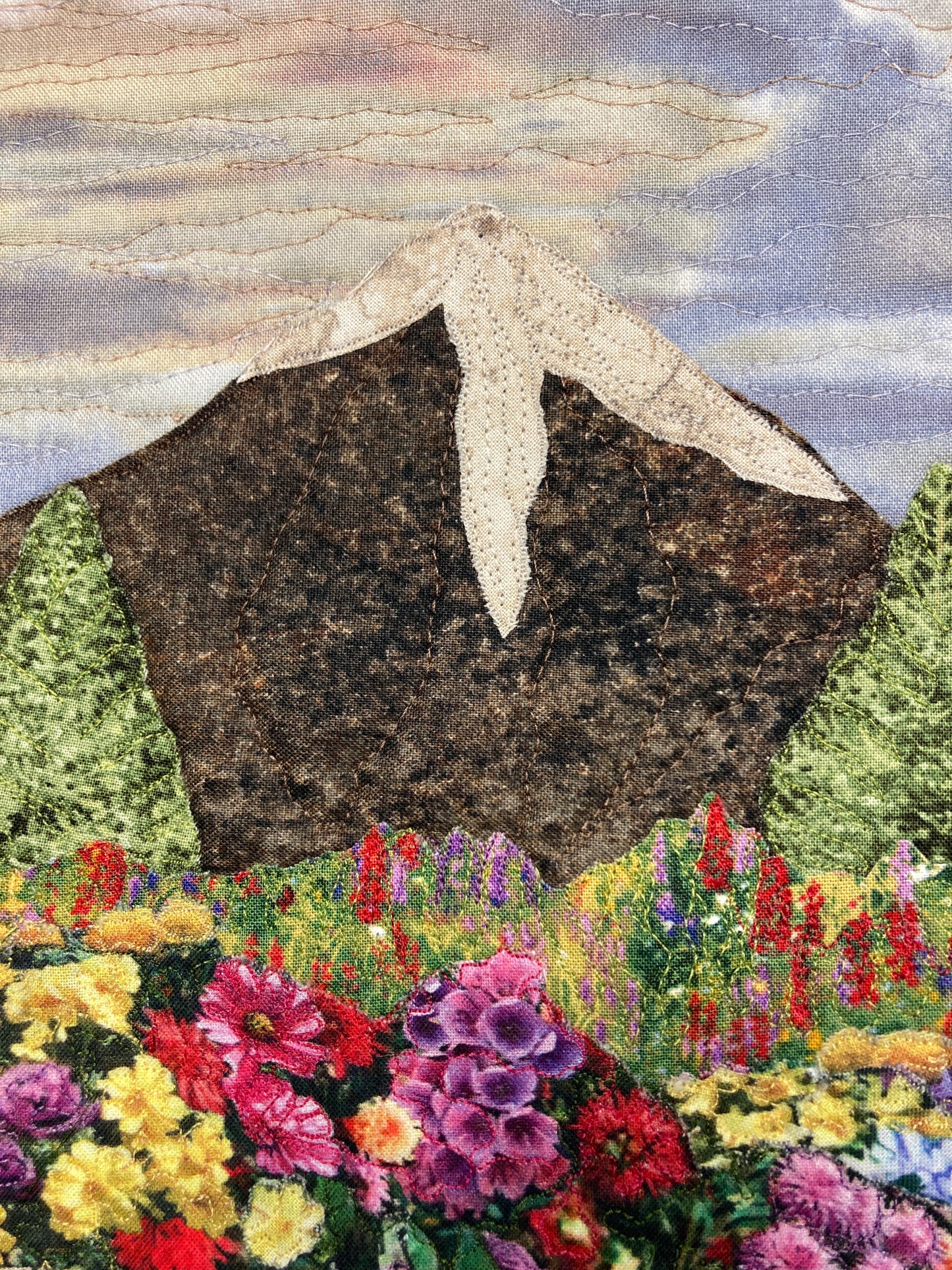 Wildflower Meadow Mountain Landscape Art Quilt 13x17, Purple Sky Tapestry Fabric Wall Hanging, Purple Yellow Flowers
