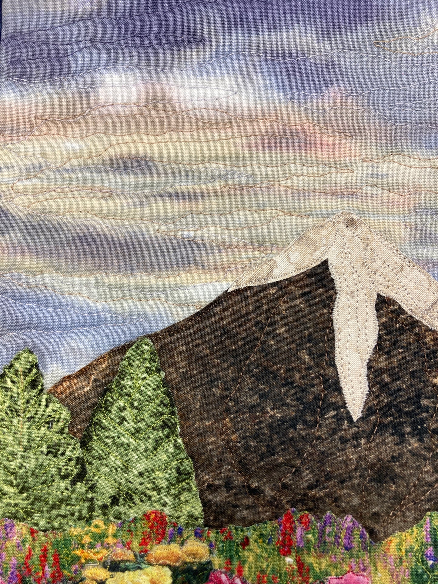 Wildflower Meadow Mountain Landscape Art Quilt 13x17, Purple Sky Tapestry Fabric Wall Hanging, Purple Yellow Flowers