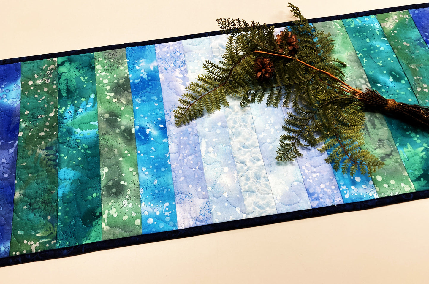 Summer Lake Water Blue Aqua Green Quilted Table Runner, 13x48 Seaside Coastal, Dining Room Coffee Table, Cabin Lakeside Handmade Tahoe Ocean