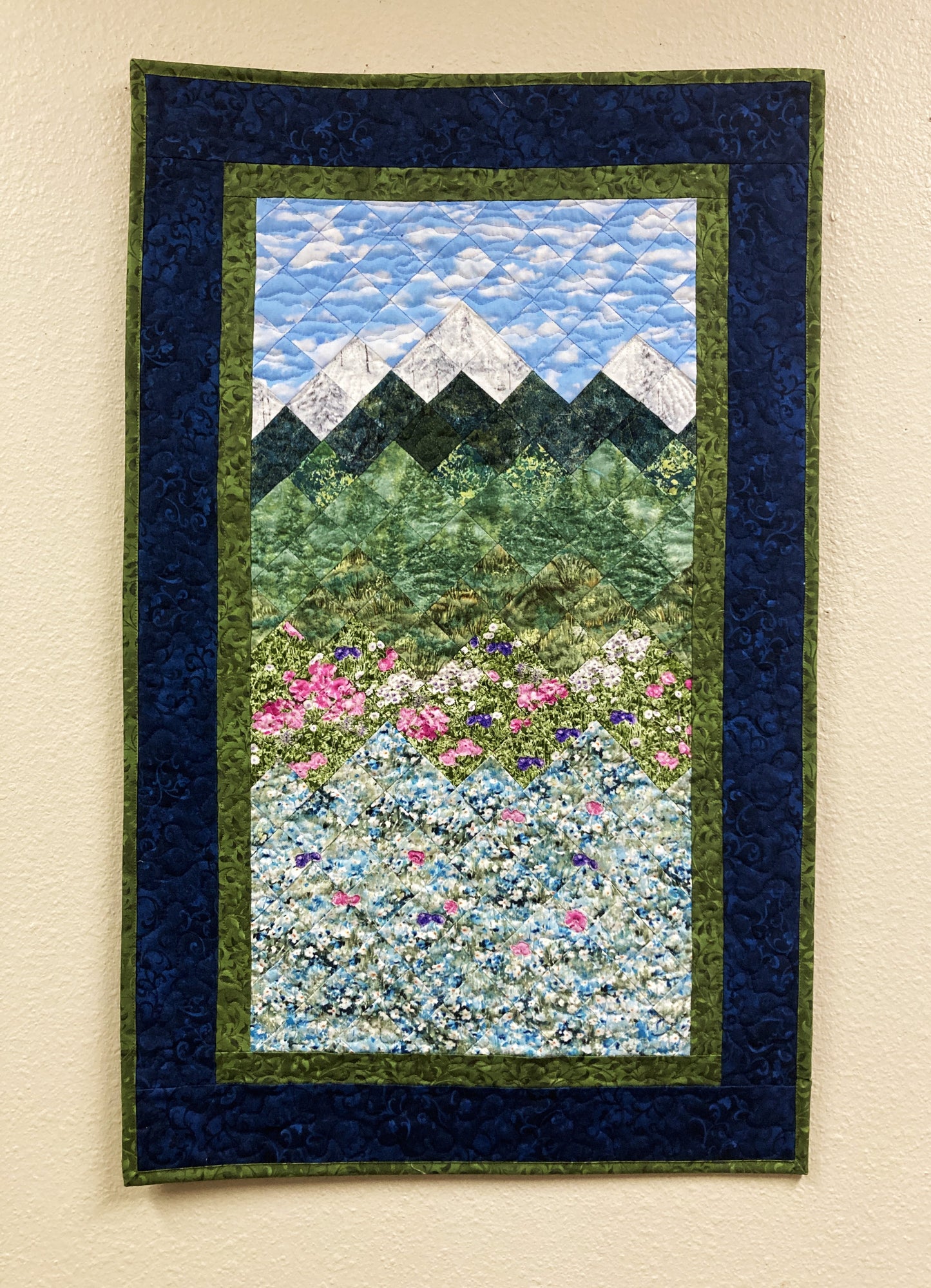 Spring Misty Blue Meadow Mountain Art Quilt Tapestry, Fabric Wall Hanging 21x33” Vertical Forest Mountain Scenic Original Artwork Handmade