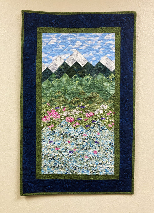 Spring Misty Blue Meadow Mountain Art Quilt Tapestry, Fabric Wall Hanging 21x33” Vertical Forest Mountain Scenic Original Artwork Handmade